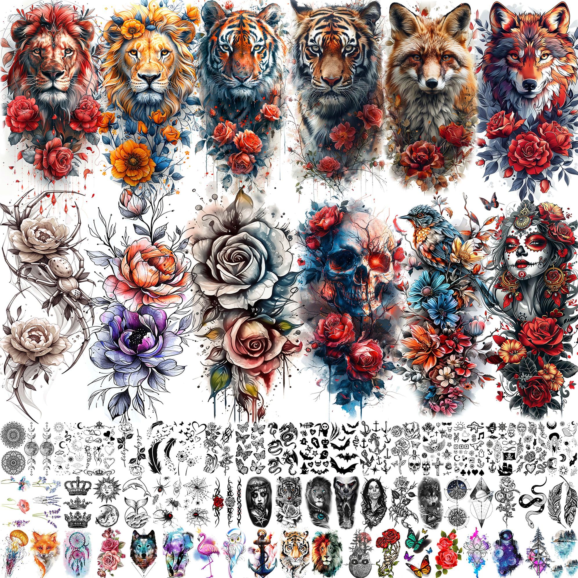 70 Sheets Watercolor Rose Flower Temporary Tattoos For Women Girls Adults, Half Arm Sleeve Fake Tattoo Stickers Tiger Wolf Lion Skull Fox Spider, 3D