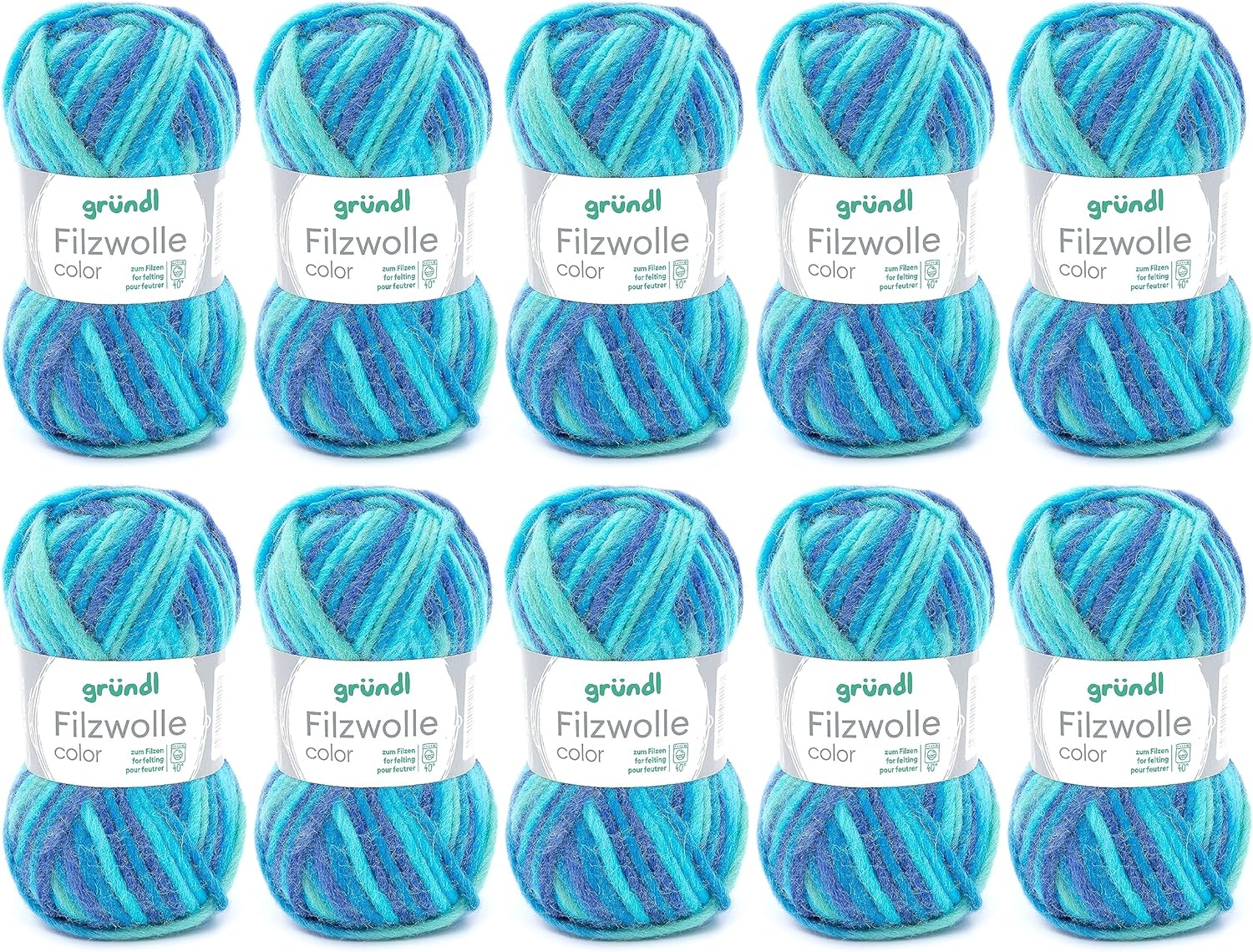 Gründl 2614/42 Coloured Felt Wool Value Pack: 10 Balls 50 g Each, Wool, Aqua Multicolor, 31 x 32 x 6 cm