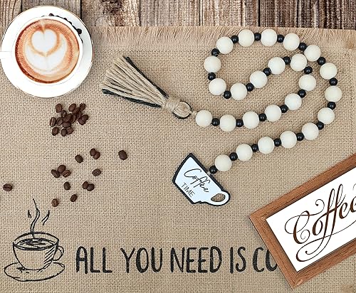 Vista 2 de Meplait Guirnalda de cuentas de madera natural, cuerda de yute, adorno colgante con temática de café para decoración del hogar