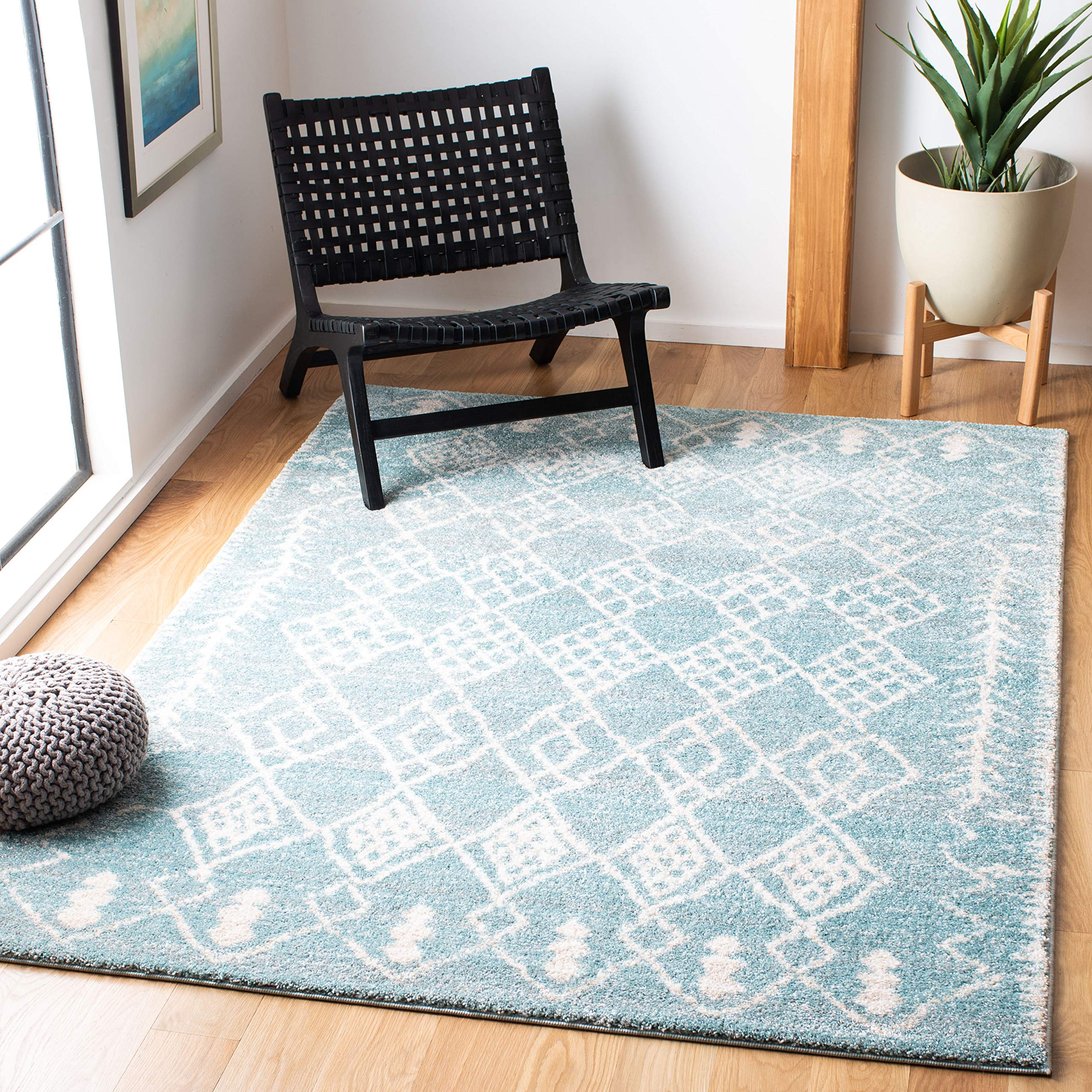 SAFAVIEH Tunisia Collection Area Rug - 5'3" x 7'7", Aqua & Ivory, Moroccan Tribal Design, Non-Shedding & Easy Care, Ideal for High Traffic Areas in