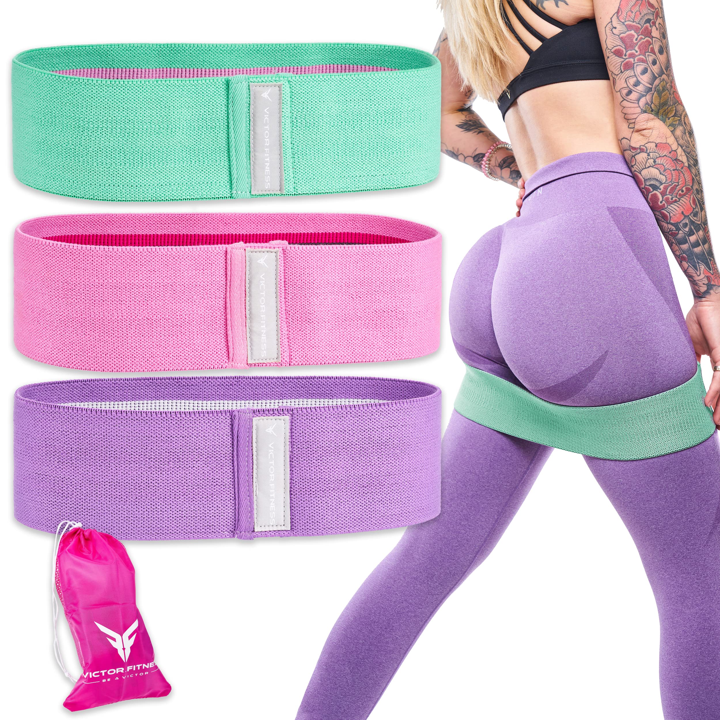 Victor Fitness® Hip & Booty Bands | 3 Levels of Resistance | Non-Slip Fabric for Squats, Lunges, Butt/Glutes | Includes Free Carrying Bag