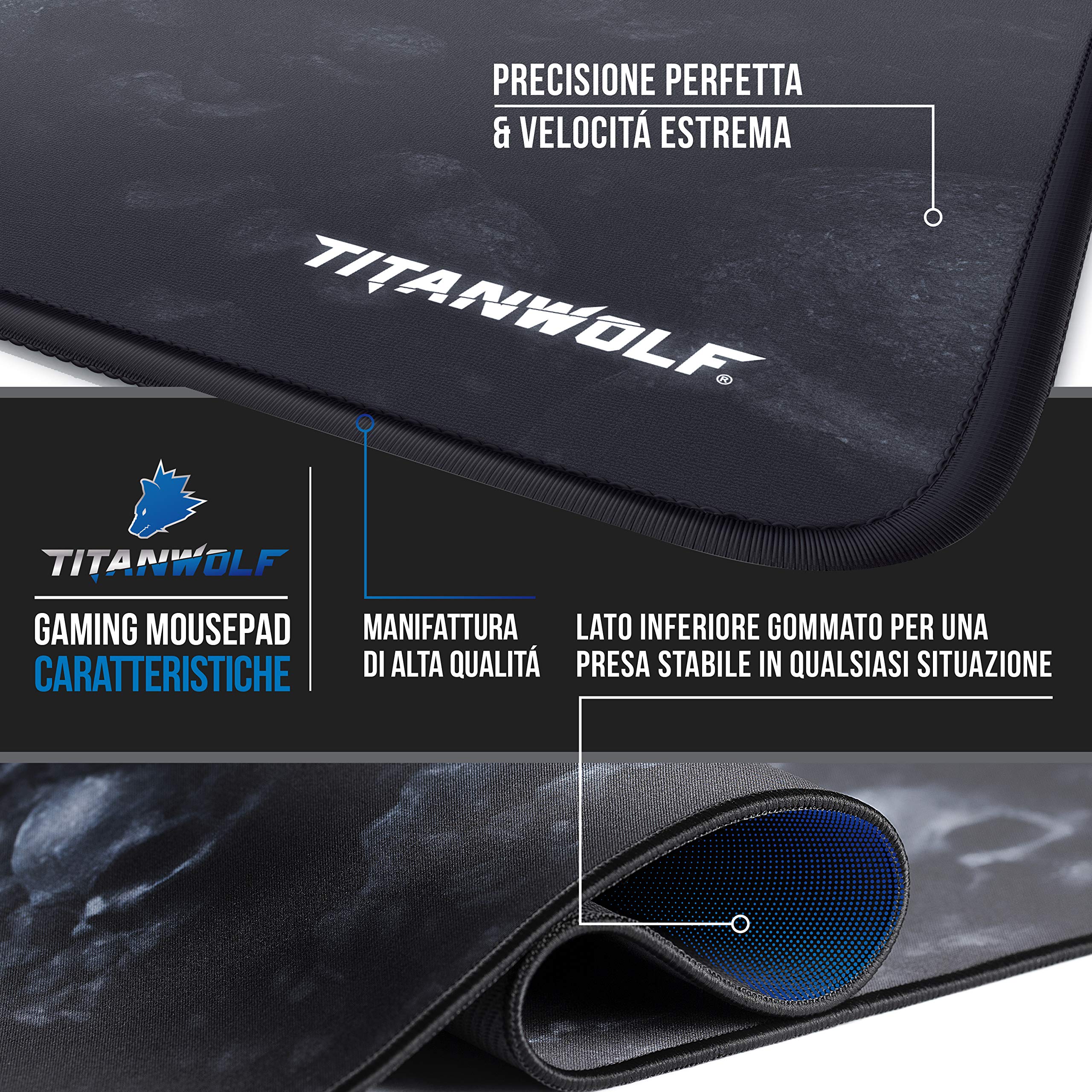 Tappetino Mouse Da Gaming TITANWOLF XXL - 900x400mm, 3mm Spessore | Base Gomma Antiscivolo, Design Wolf Skull - Foto 6