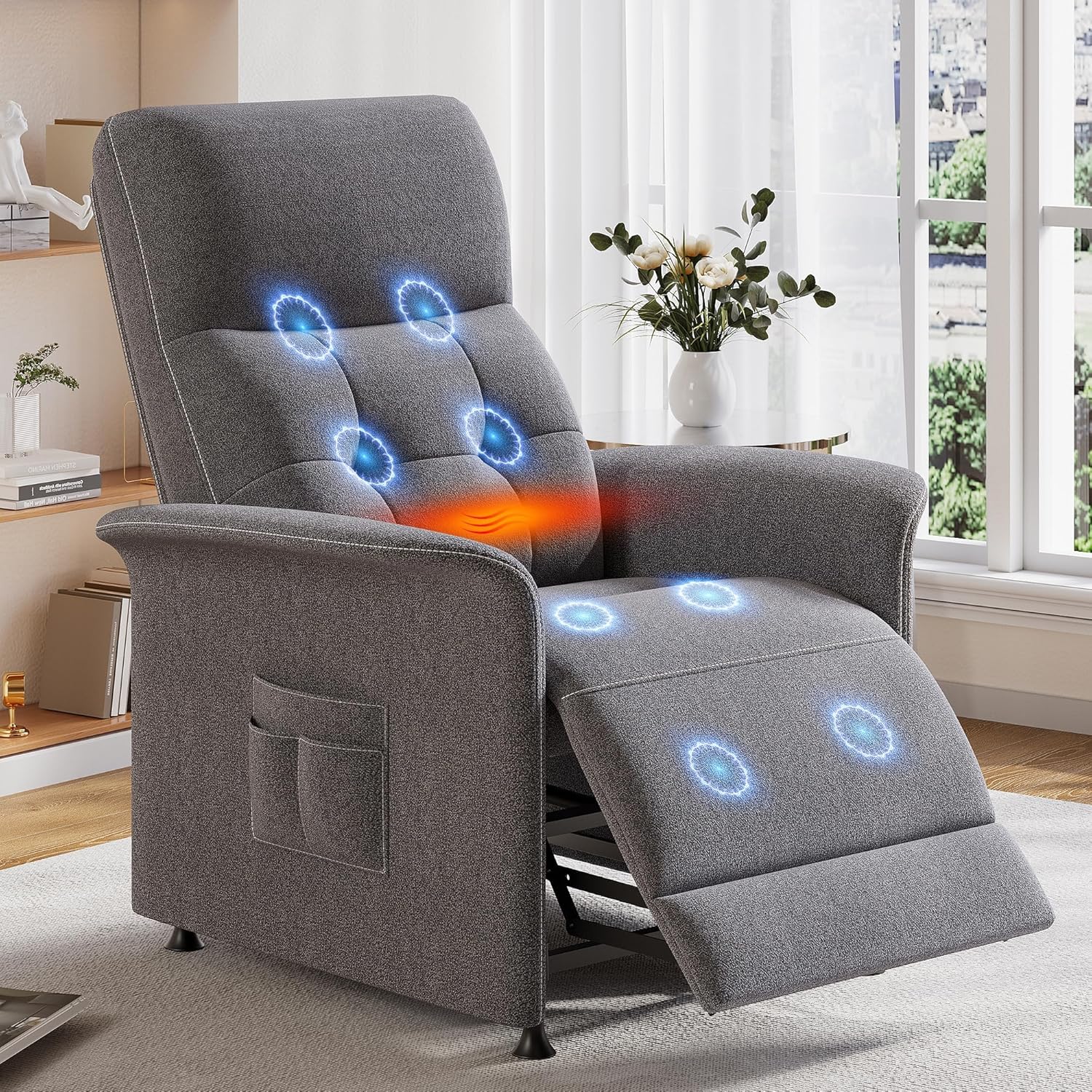Power Recliner Chair for Adults with Heated and Massage, Adjustable Electric Reclining Chair Sofa, Single Sofa Home Theater Seating with Side Pocket