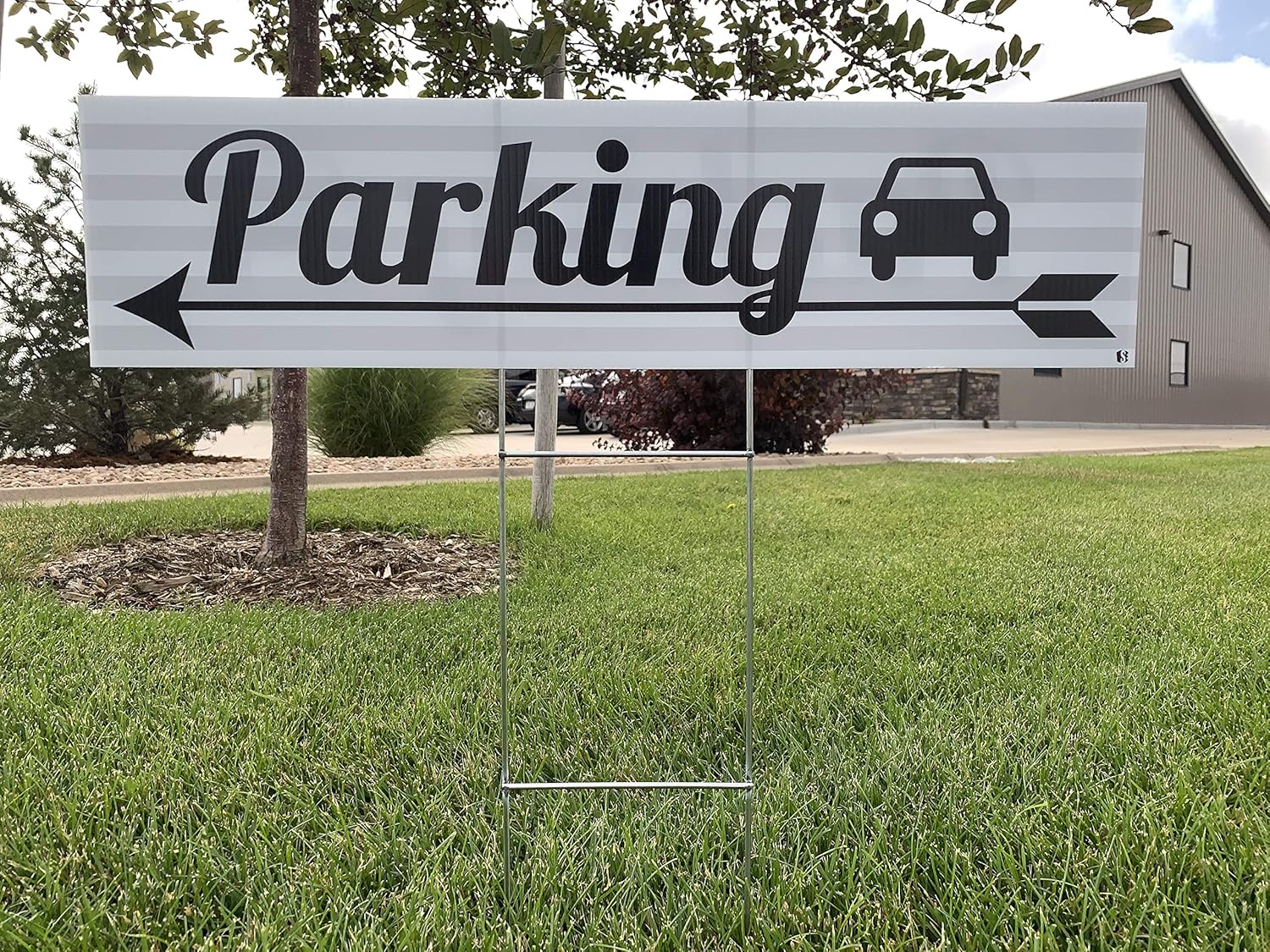 Wedding Signs 6 Pack | Grey and White Striped with Black Writing | 6 x 24 inch Lawn Signs with H-stakes | Wedding, Parking, Restrooms, and Reception