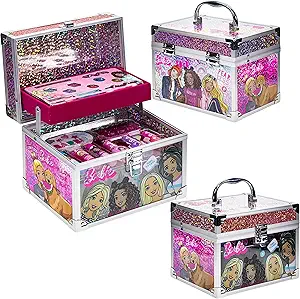 Barbie - Townley Girl Train Case Cosmetic Makeup Set Includes Lip Gloss, Eye Shimmer, Brushes, Nail Polish, Nail Accessories & more! for Kids Girls, Ages 3+ perfect for Parties, Sleepovers & Makeovers