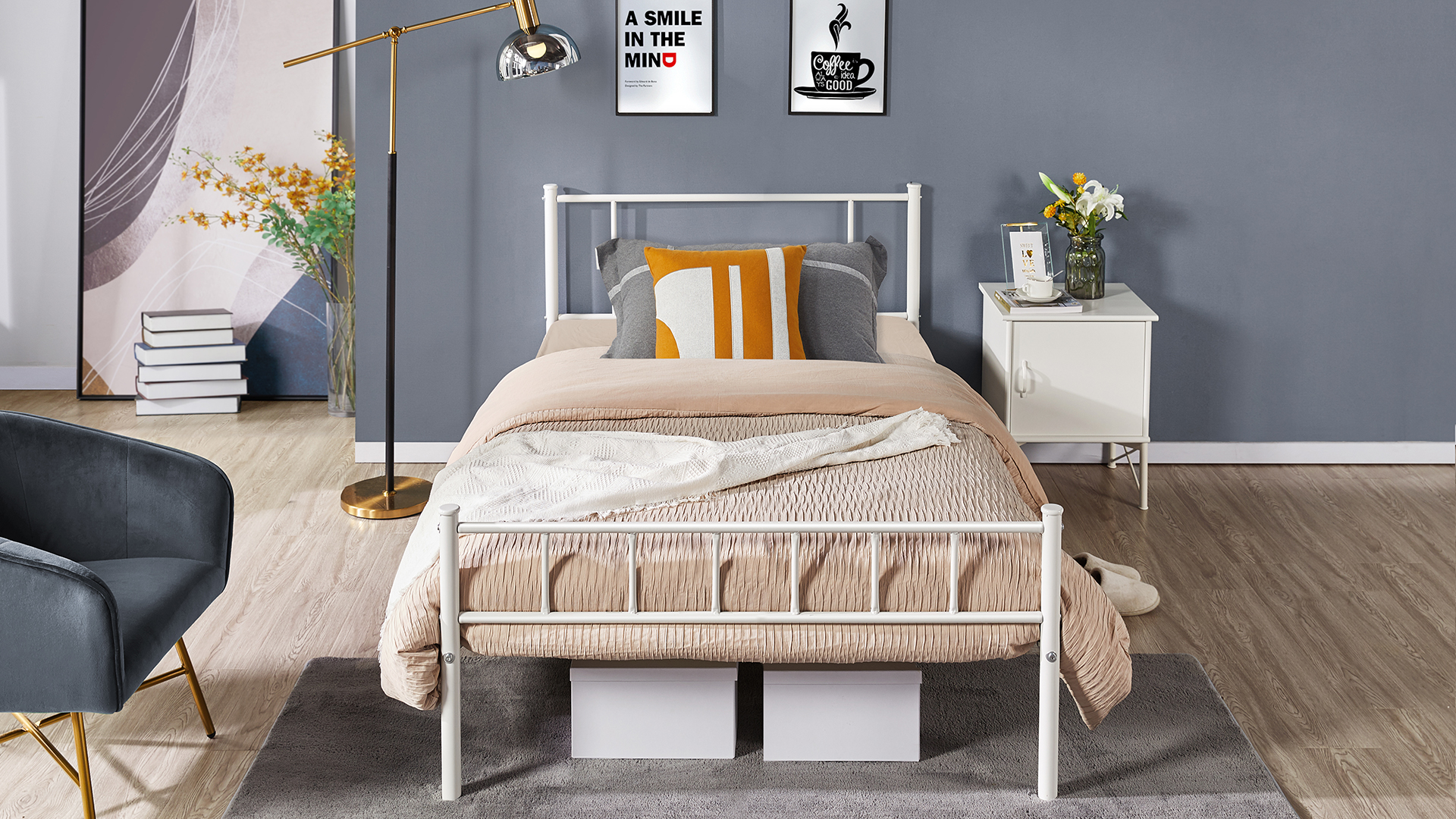 Yaheetech Metallbett 90x190 Cm – Einzelbett Mit Hohem Kopfteil, Lattenrost & Industrie-Design | Gästebett Oder Jugendbett, Weiß