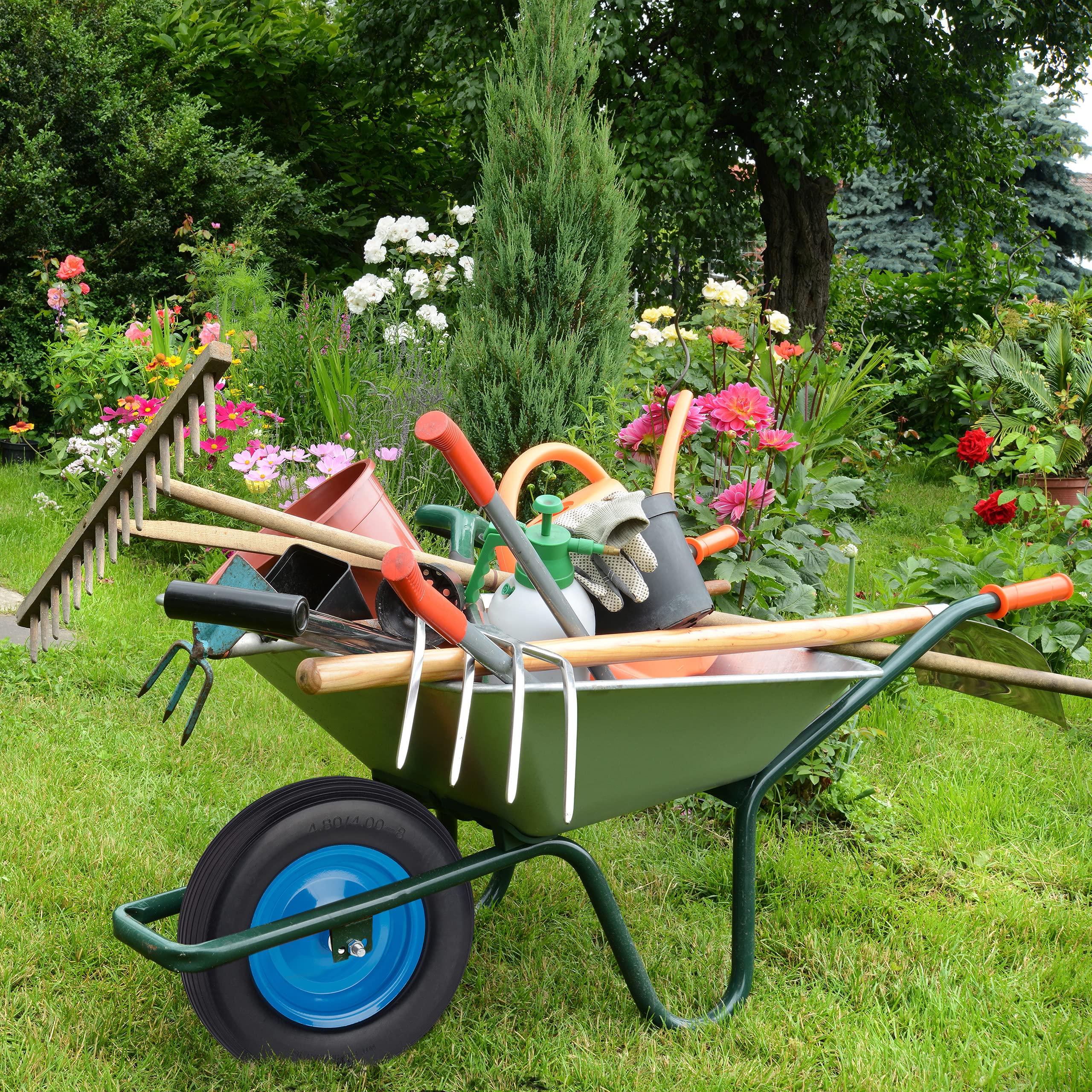 Relaxdays Schubkarrenrad 4.80 4.00-8, Vollgummirreifen mit Achse, pannensicheres Ersatzrad mit Stahlfelge, schwarz/blau