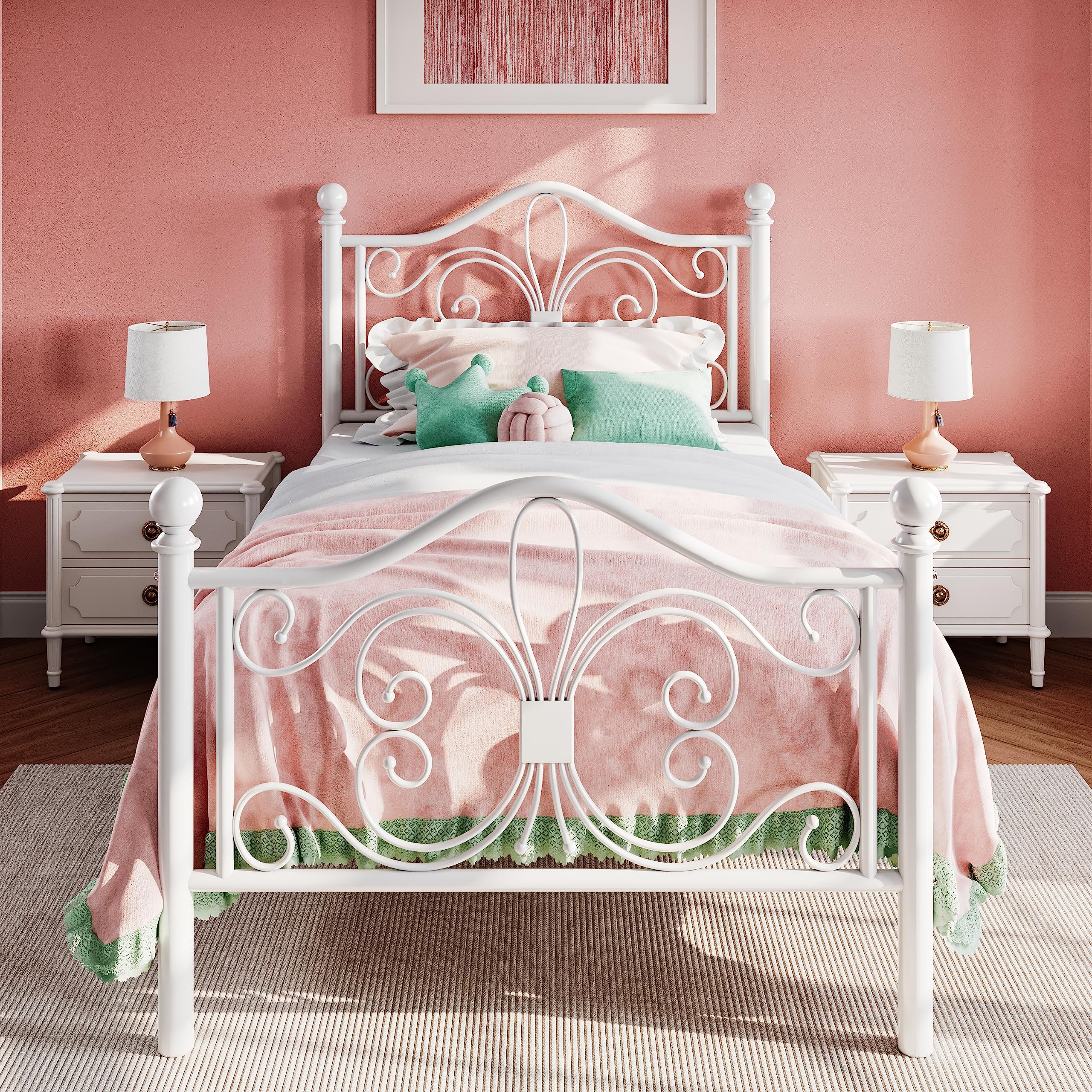 SHA CERLIN Twin Size Bed Frame for Kids,Metal Bed Frame with Butterfly Pattern Design Headboard & Footboard,No Box Spring Needed,Easy Assembly,White