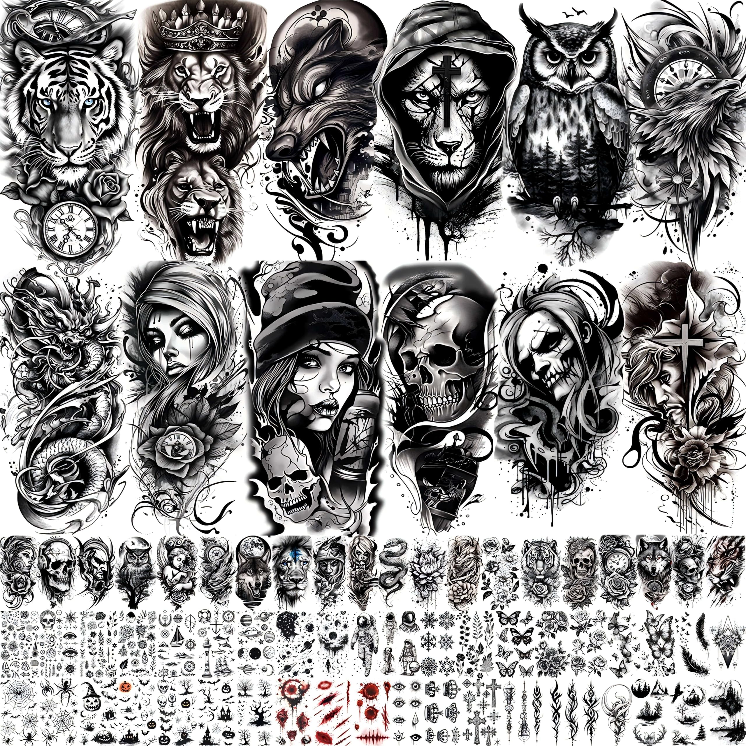 72 Sheets Super Temporary Tattoos for Men Women Adults, Black 3D Realistic Scary Animals Skulls Scars