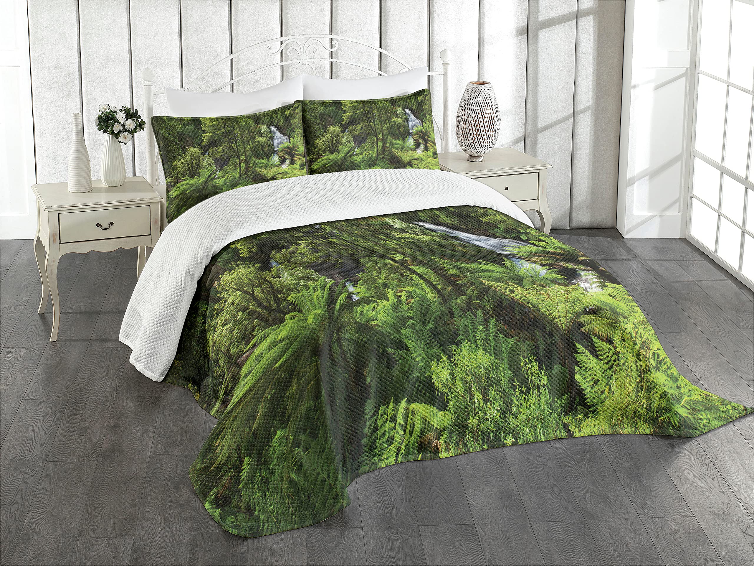 Ambesonne Rainforest Bedspread, Rainforest with Waterfall River Tourist Attraction Tropical Lands Green Theme, Decorative Quilted 3 Piece Coverlet Set with 2 Pillow Shams, King Size, Green
