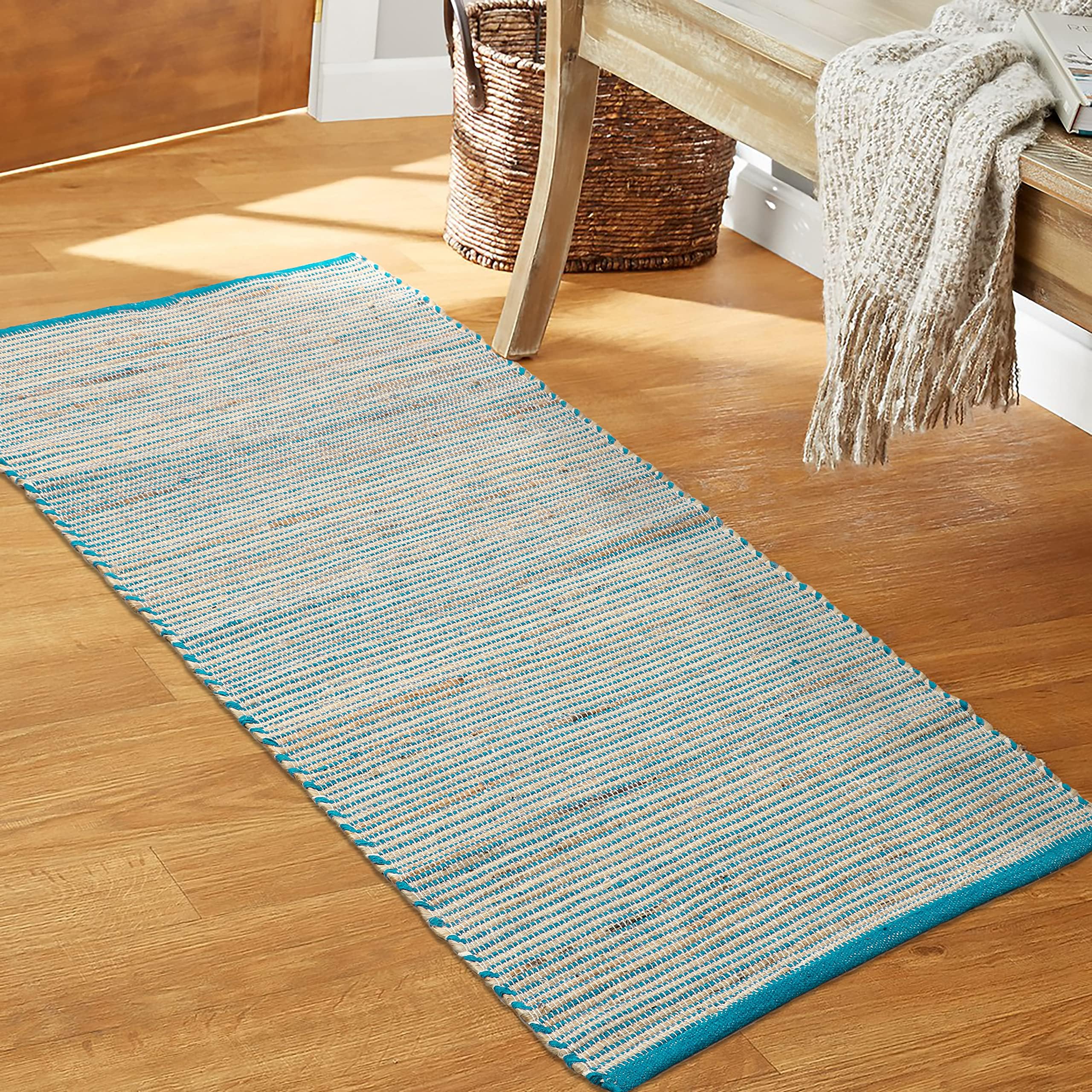 THE HOME TALK Handmade Cotton Carpets | Tribal Contemporary Decorators | Area Rugs for Bedroom, Center Table, Living Room, Drawing Room, Hall | Machine Wash (Turquoise, 70x140 CM)