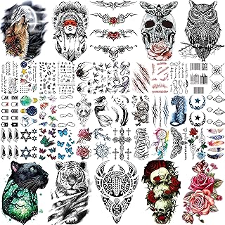 COKTAK 46 Blätter Groß Schädel Maori Krieger Temporäre Tattoos Männer, Realistische Tiger Eule Blume Temporäre Tattoos Fra...