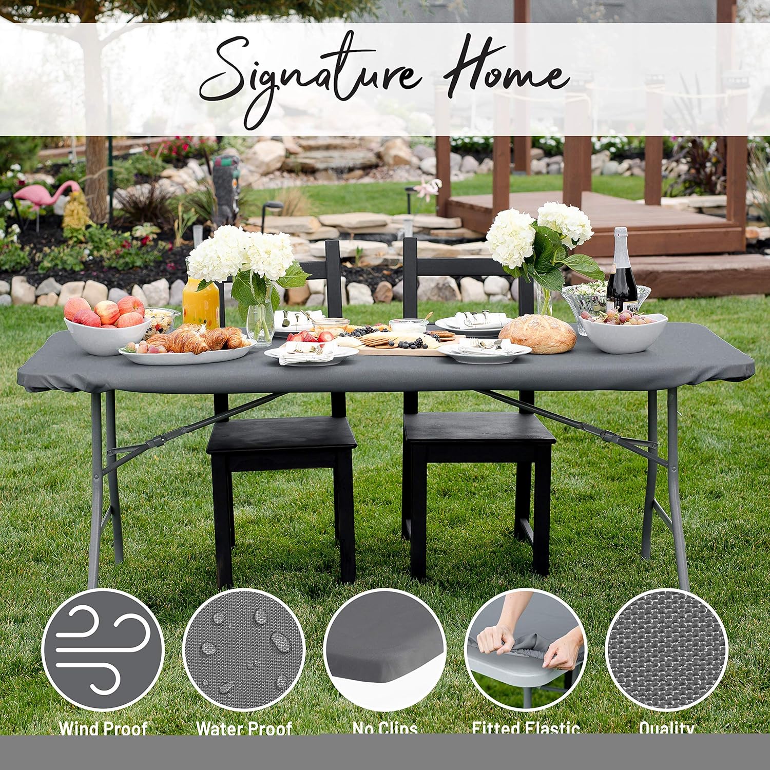 Signature Home 6ft Fitted Tablecloth Rectangle Grey Table Cover - Table Cloth - Fitted Table Covers for 6 Foot Tables. Washable Picnic Table Cover Indoor Outdoor Elastic Tablecloth 30 x 72 inch : Everything Else