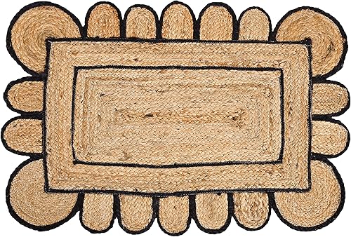 Miniatura 1 de KLAVATE Alfombra decorativa de yute trenzado con múltiples bordes festoneados, calidad clásica, hecha a mano, natural (2 x 3 pies, negro)