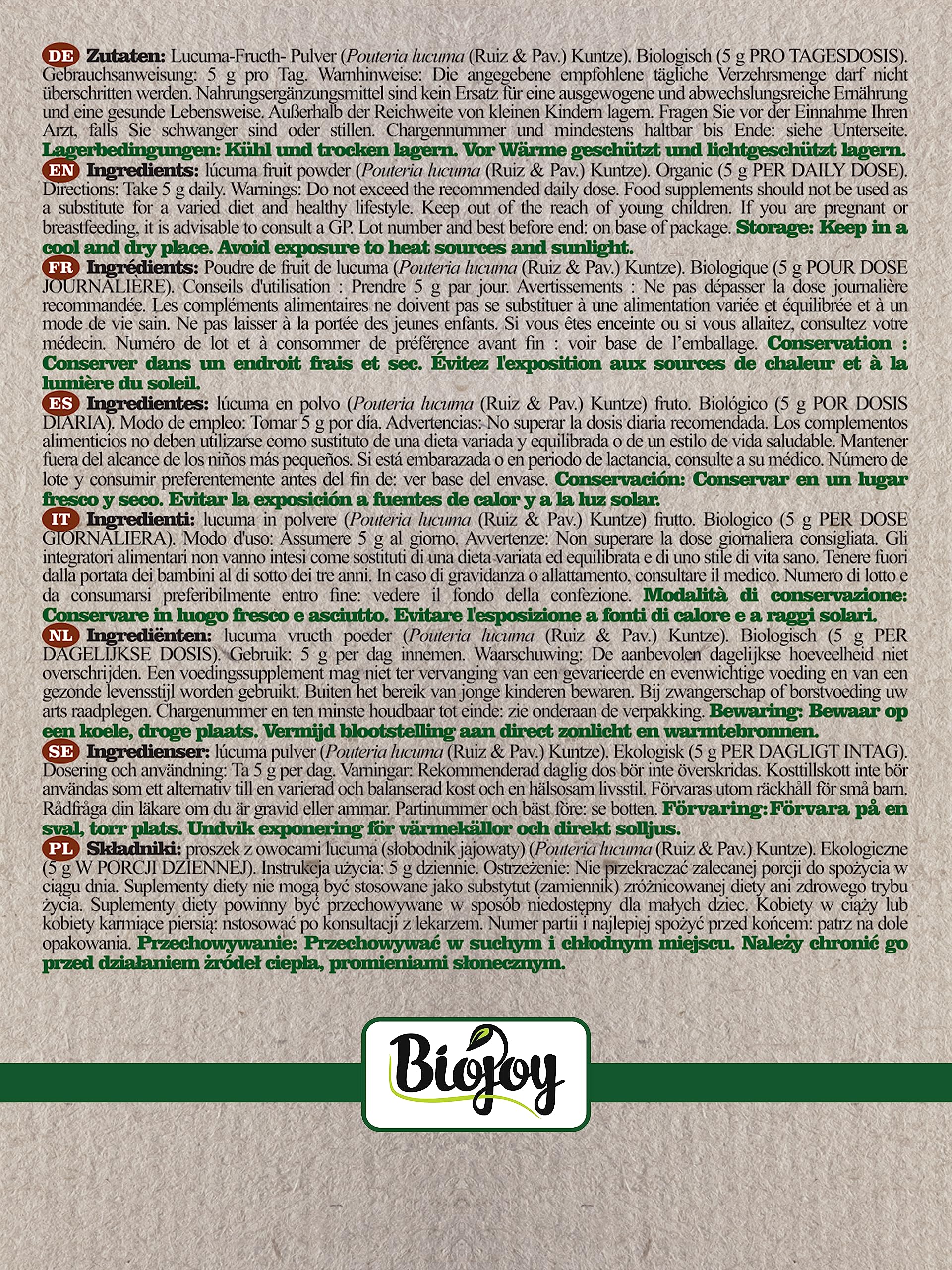 Biojoy Lucuma in polvere Biologica (500 g), lucuma frutta senza additivi (Pouteria lucuma)