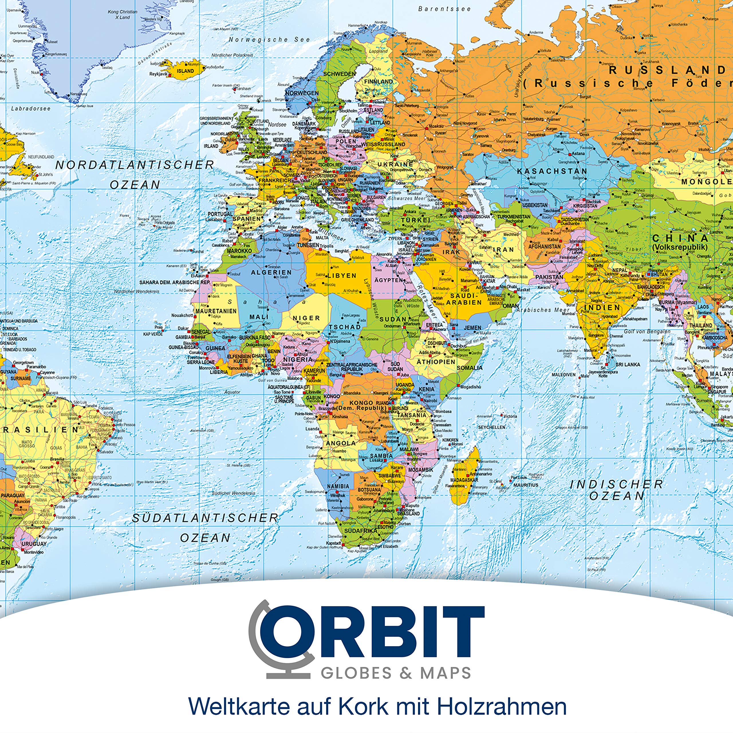 ORBIT Globes & Maps - Weltkarte - Kork Weltkarte auf Pinnwand mit Holzrahmen (silber) 90 x 60 cm, deutsch mit Fähnchen und Pins sowie Befestigungsmaterial