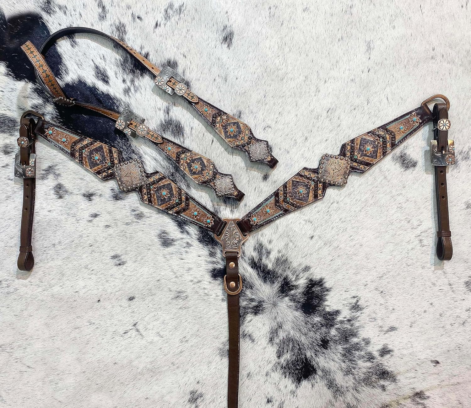Genuine Argentina Cow Leather Headstall Bridle Breast Collar Set - Decorated with Geometrical Flower Carving