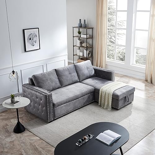 Miniatura 2 de Ucloveria Sofá cama reversible para almacenamiento tumbona en forma de L sofá seccional 2 en 1 con cama extraíble gris delta 91 pulgadas gris oscuro