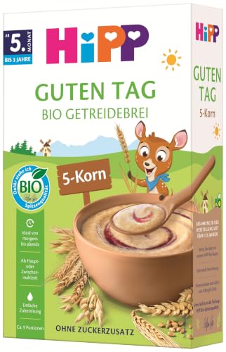 HiPP Guten Tag Bio Getreidebrei 5-Korn (7 x 200g), Babybrei ab 5. Monat, ohne Zuckerzusatz, milchfrei, mit Vitamin B1, einfache Zubereitung