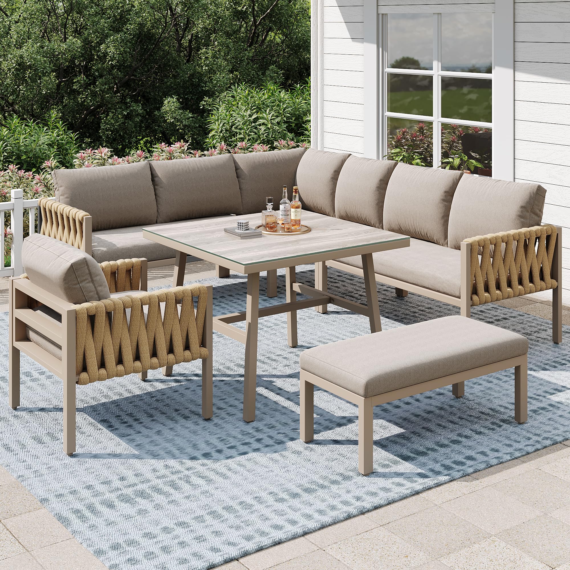 Ensemble Salon de Jardin Extérieur 8 Places Table Verre Trempé Métal Galvanisé Coussins Kaki 238x61x78 cm