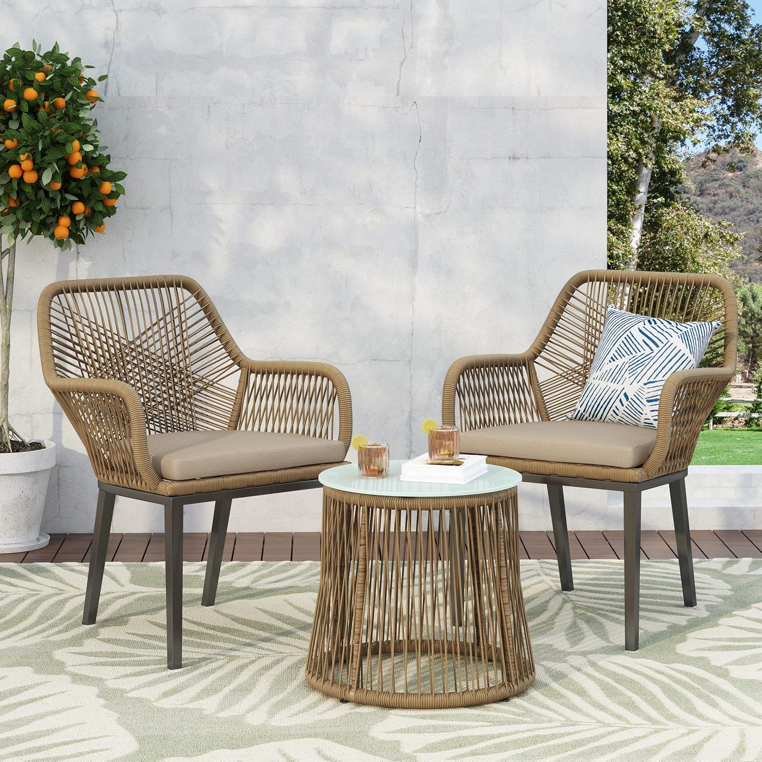 Christopher Knight Home Russel Outdoor Chat Set, Beige + Light Brown + Black + Silver