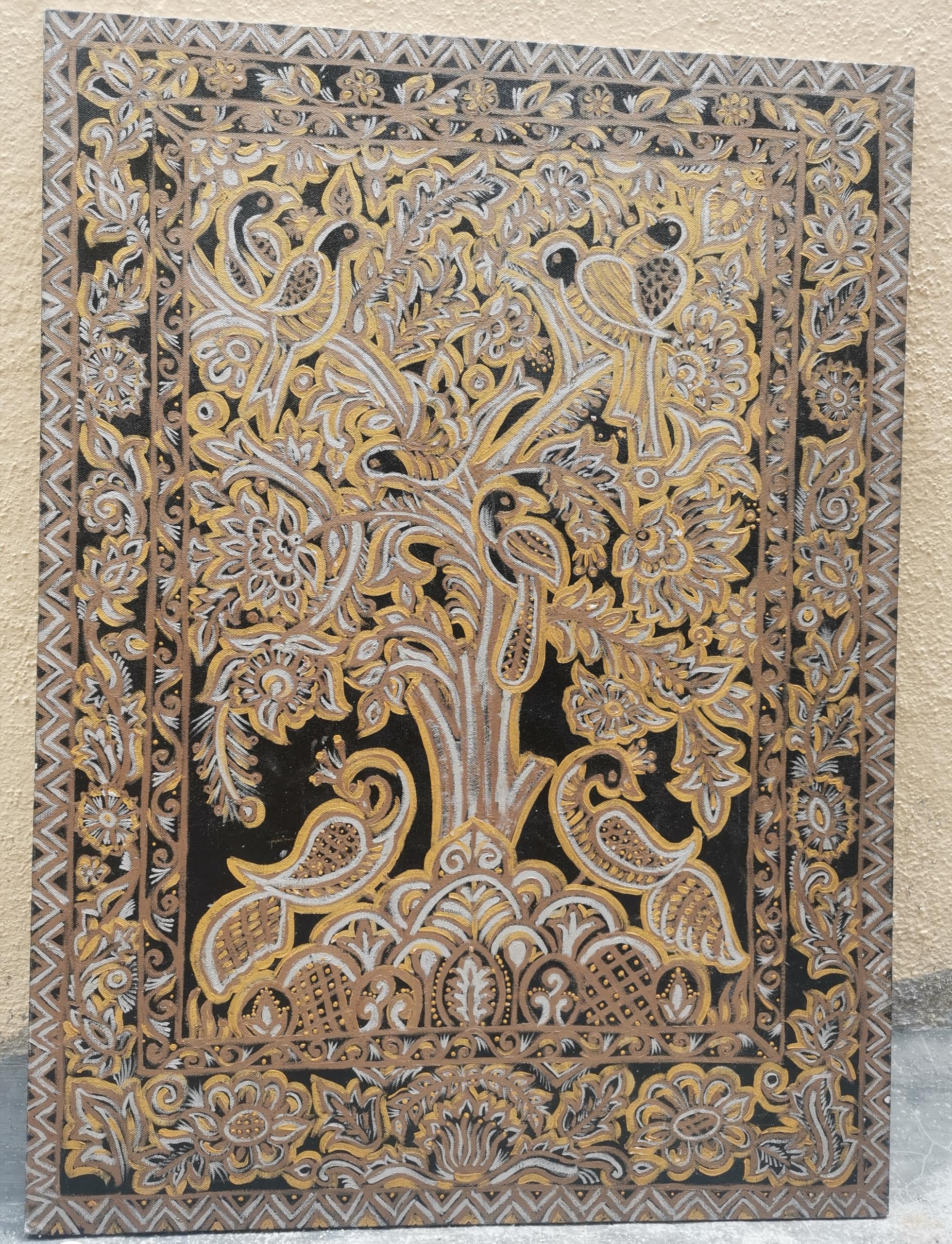 Original Artwork Studio Handcrafted Wooden Wall Art Panel, Intricate Floral Design, Gold and Silver on Black, 65 x 65 cm