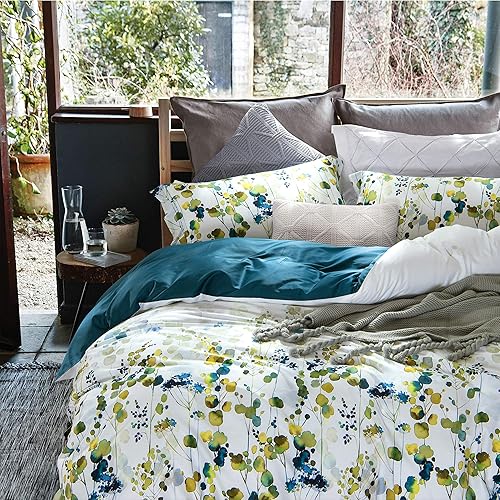 MILDLY Juego de funda de edredón 100% algodón de fibra larga, ultra suave, estampado de hojas amarillas y verdes, juego de funda de edredón otoñal