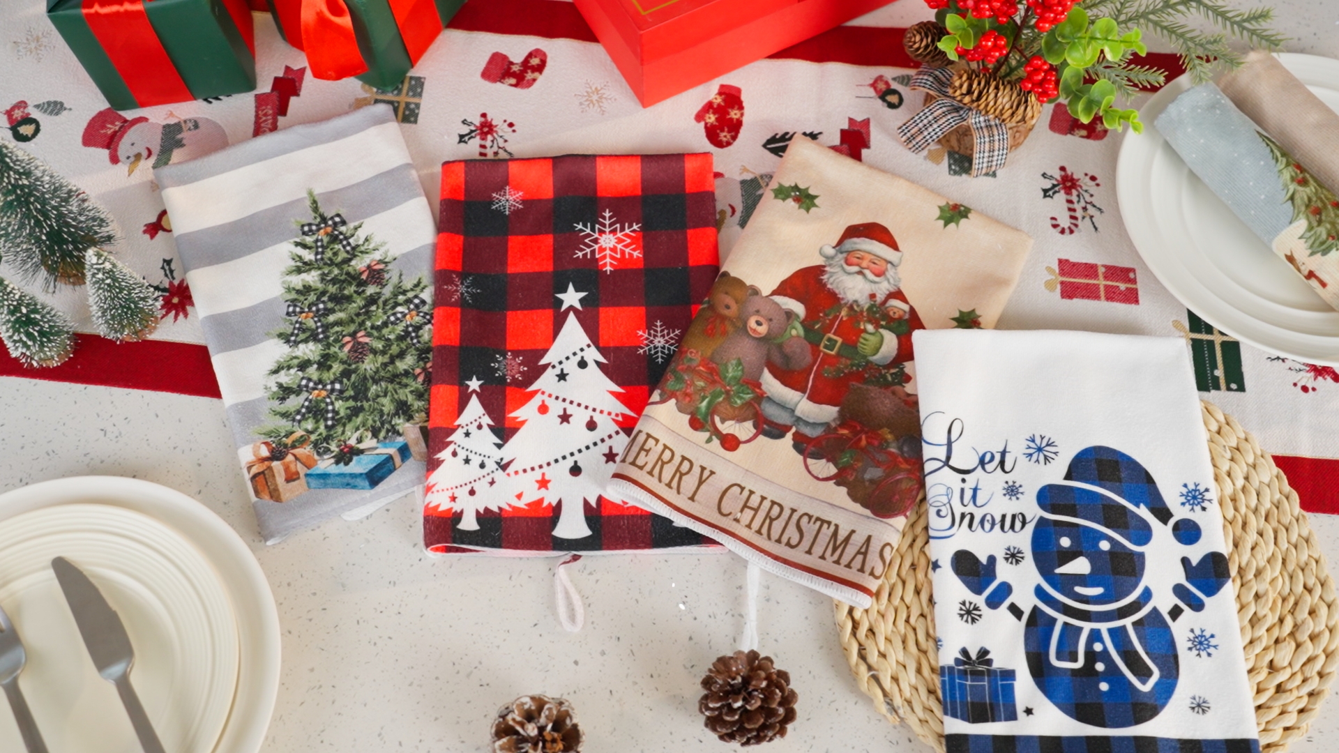 Lot De 4 Torchons De Cuisine En Microfibre - Motif Noël Carreaux Bonhomme De Neige - 42 X 65 Cm - Absorbants Et Rapides à Sécher - 7