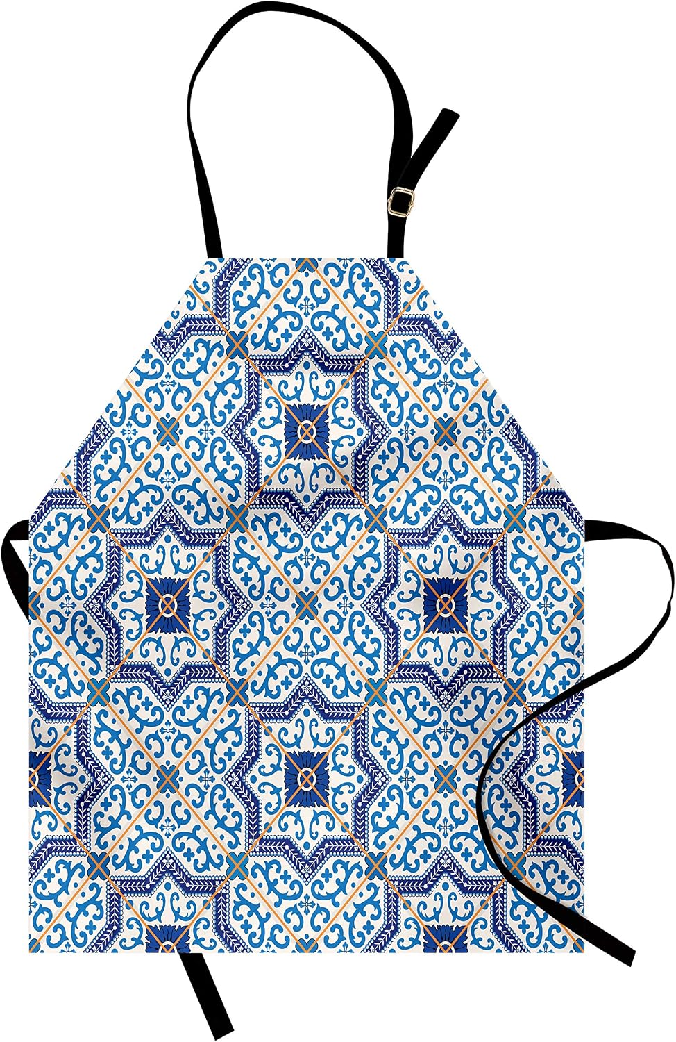 Lunarable Moroccan Apron, Moroccan Portuguese Style Classic Tiles Ornaments Historical Buildings Art, Unisex Kitchen Bib with Adjustable Neck for Cooking Gardening, Adult Size, Yellow Blue