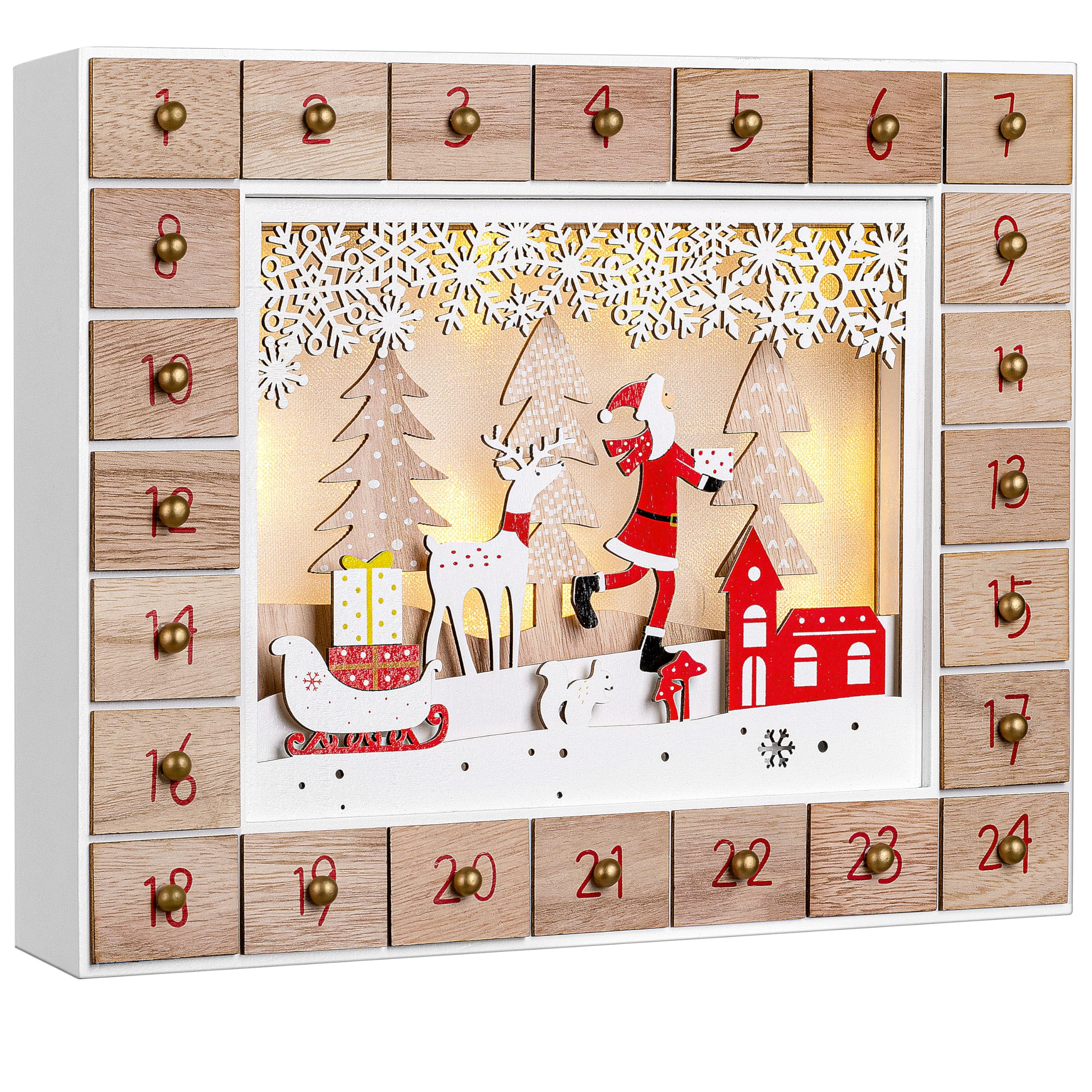 Spielwerk® White/Red Advent Calendar Santa Claus Wood Led Reusable