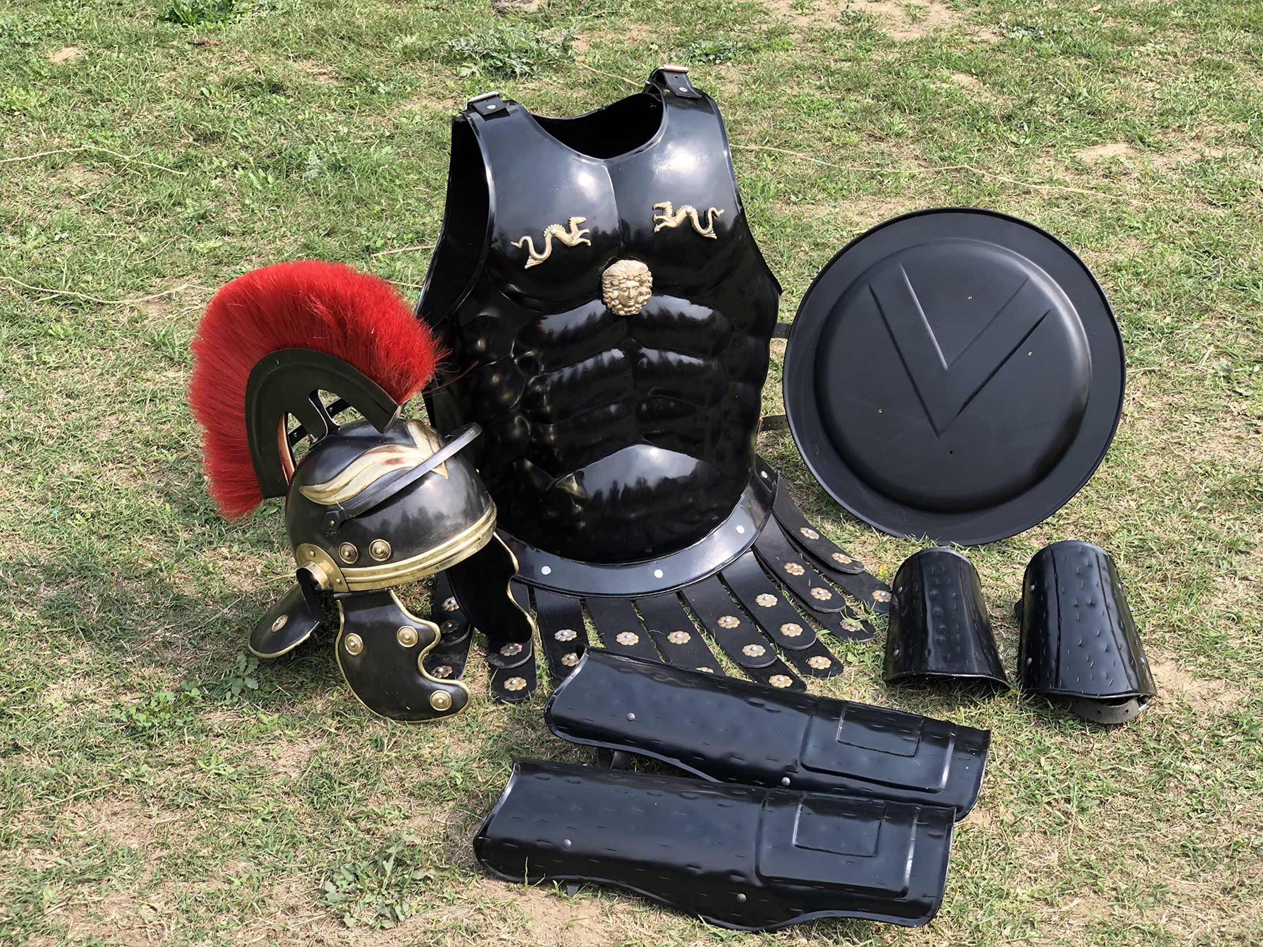 Nautical-Mart Medieval Muscle Body Armor Set Roman Centurion Helmet, Leg & Arm Guard, Shield Halloween Costume (Red Plume)