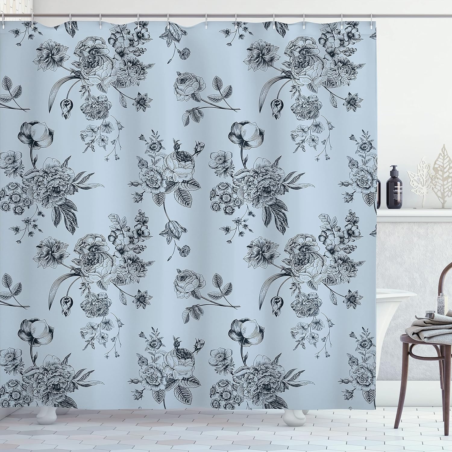 Ambesonne Botanical Shower Curtain, Vintage Floral Pattern Victorian Classic Royal Inspired Plants Modern Art, Cloth Fabric Bathroom Decor Set with Hooks, 69" W x 84" L, Blue Grey