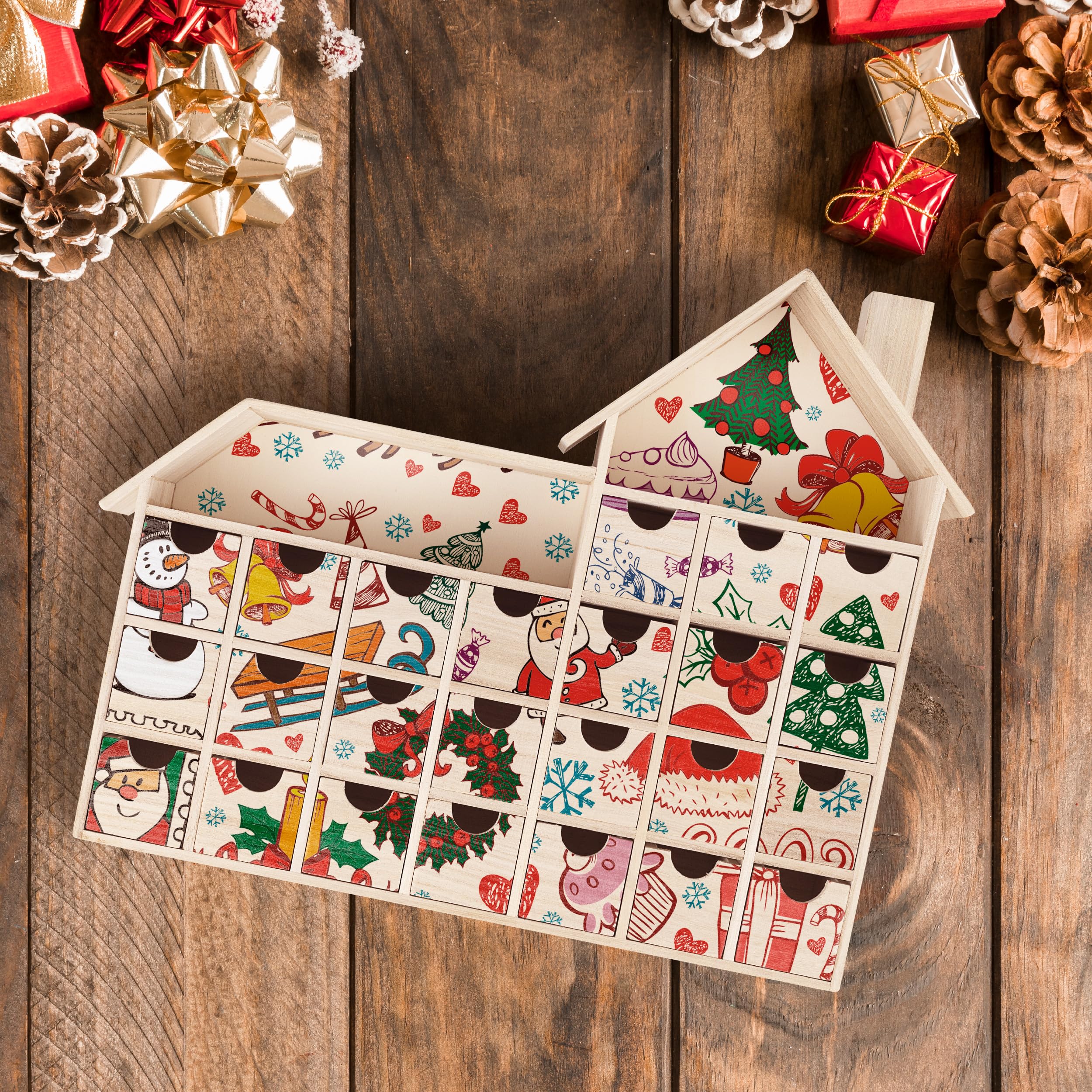 Sunlit Calendario de Adviento de madera de Navidad con cajones, madera sin terminar, calendario de cuenta regresiva en forma de chalet listo para decorar y personalizar | Caja de almacenamiento de