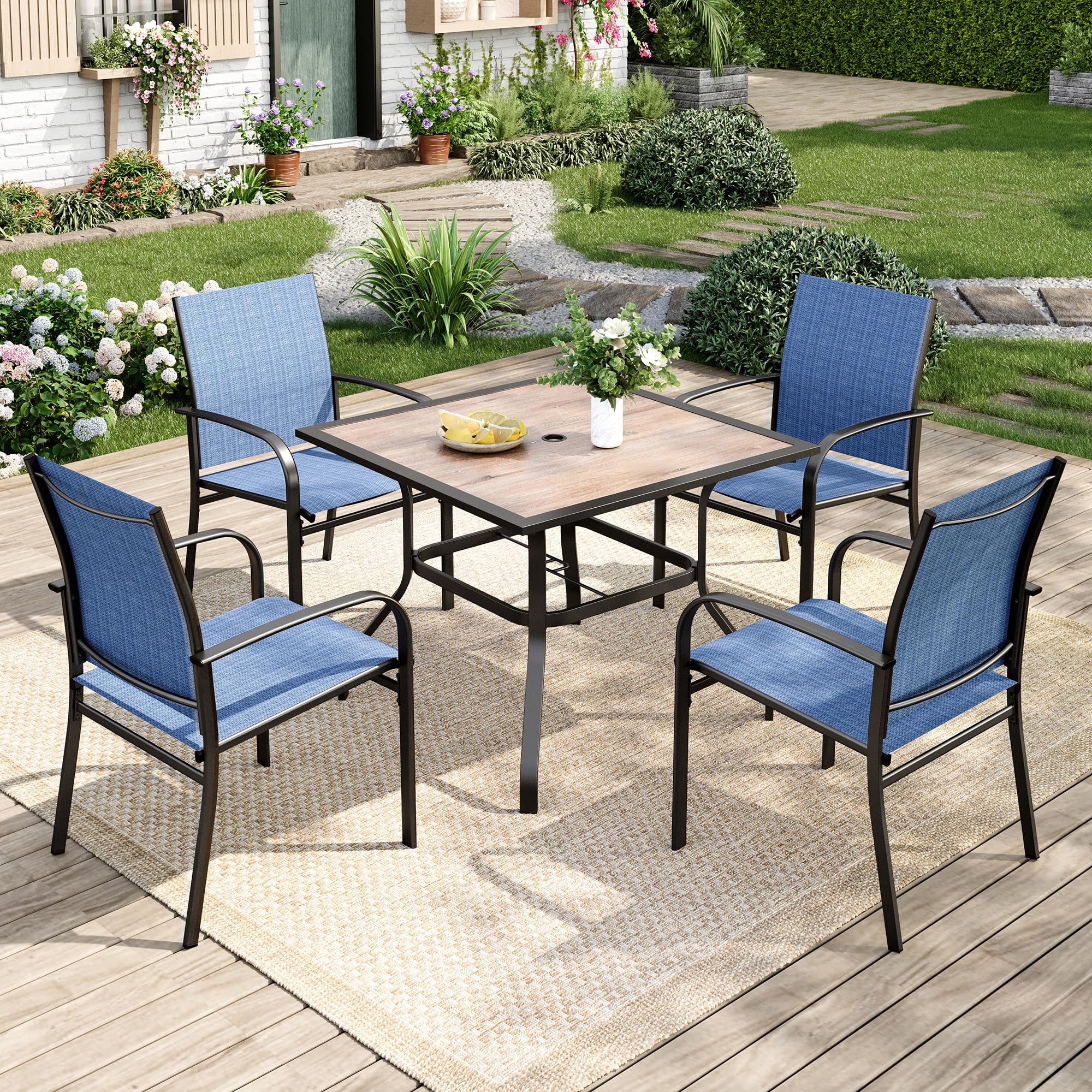 5 Pieces Patio Table and Chairs Set, 4 Person Outdoor Dining Furniture Set, 4 Blue Textilene Chairs and 37" Wood-Like Table Top Table with Umbrella Hole, for Deck Backyard Lawn