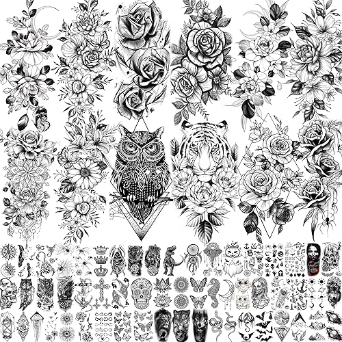 Miniatura 7 de EGMBGM 15 hojas de tatuajes temporales de loto negro sexy de henna Mehndi para mujer joyería falsa de encaje luna polilla flores tatuajes temporales