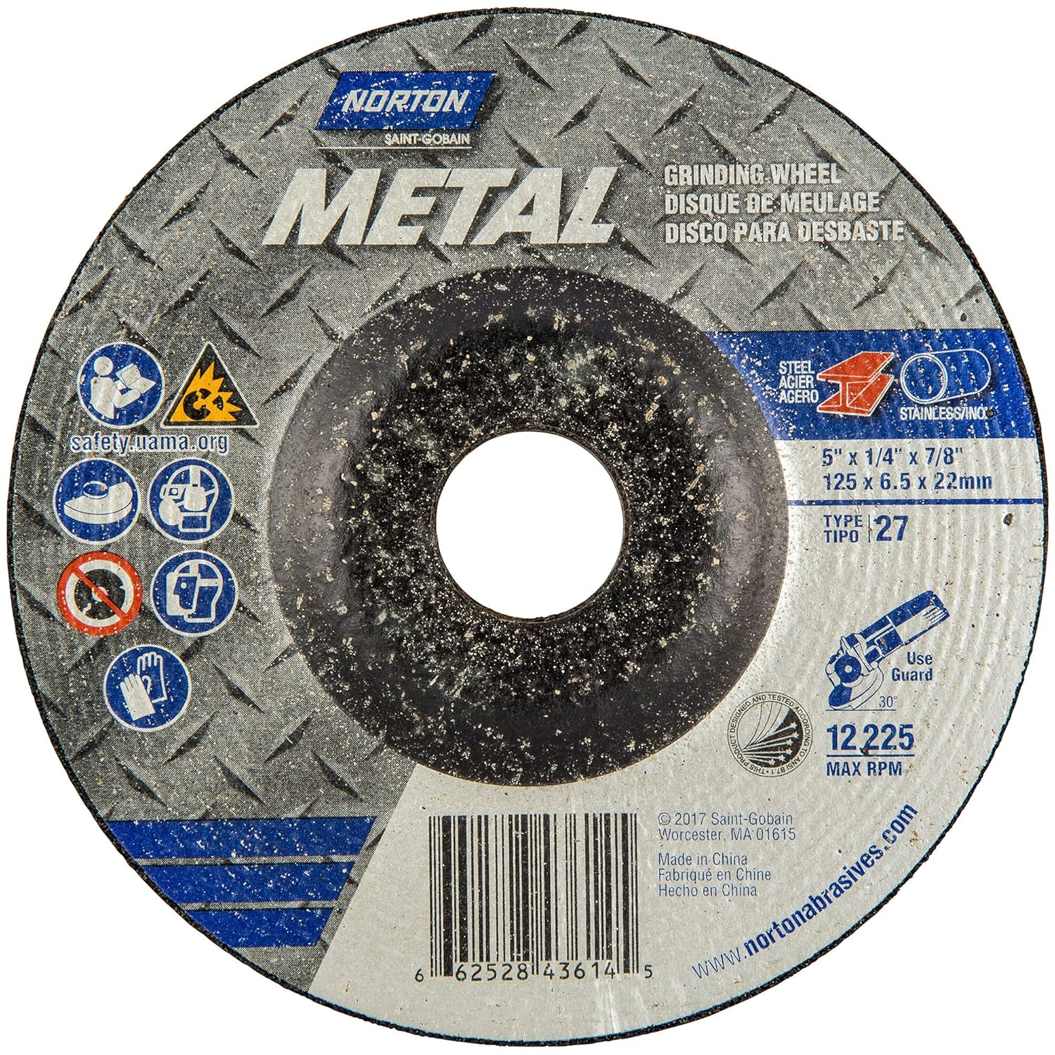 Norton Metal Depressed Center Abrasive Wheel, Type 27, Aluminum Oxide, 7/8" Arbor, 5" Diameter x 1/4" Thickness (Pack of 25)