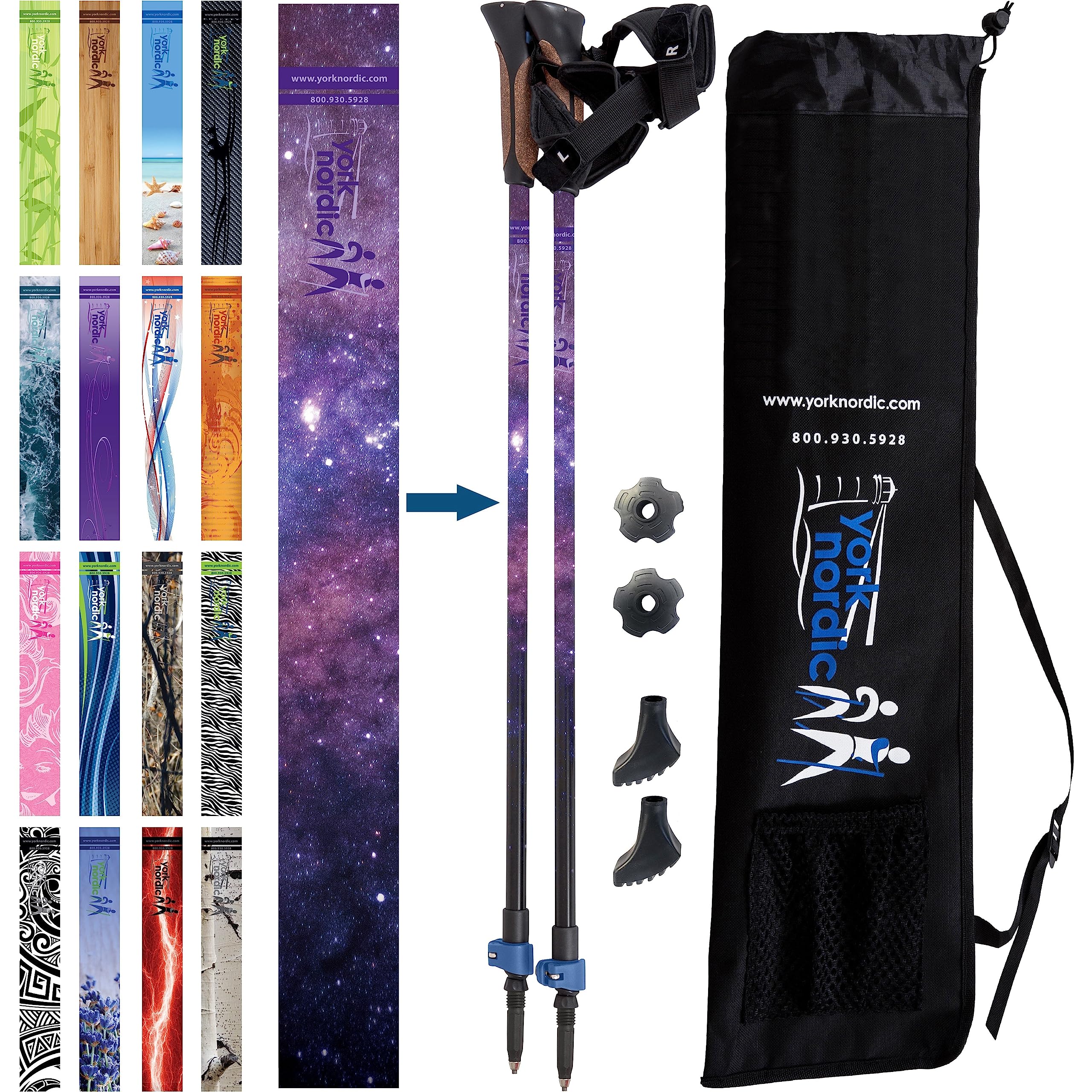 'Nordic Walking Poles - True Classic Nordic Glove Grips, Lightweight, Adjustable, and Collapsible -2 Pieces w/flip Locks, Detachable Feet and Travel Bag by York Nordic - Heights 5'4''-6'2'''