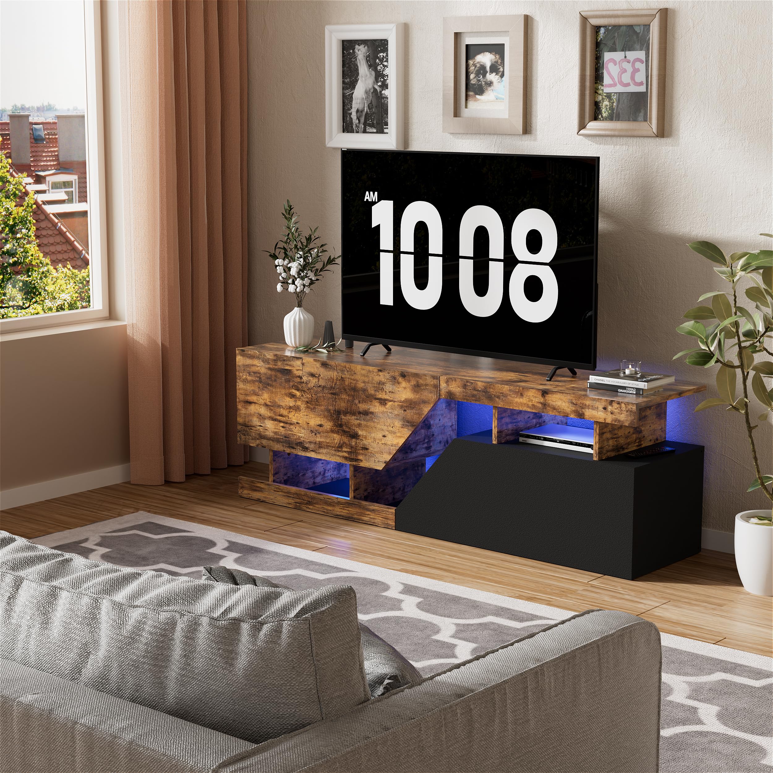 Meuble TV pour Télévision jusqu'à 65 Pouces Banc TV LED Armoire de Télévision avec ouverture sans poignée 2 volets/portes Meuble Télé de Salon Lowboard pour Téléviseur Salon, Salle à Manger, Chambre