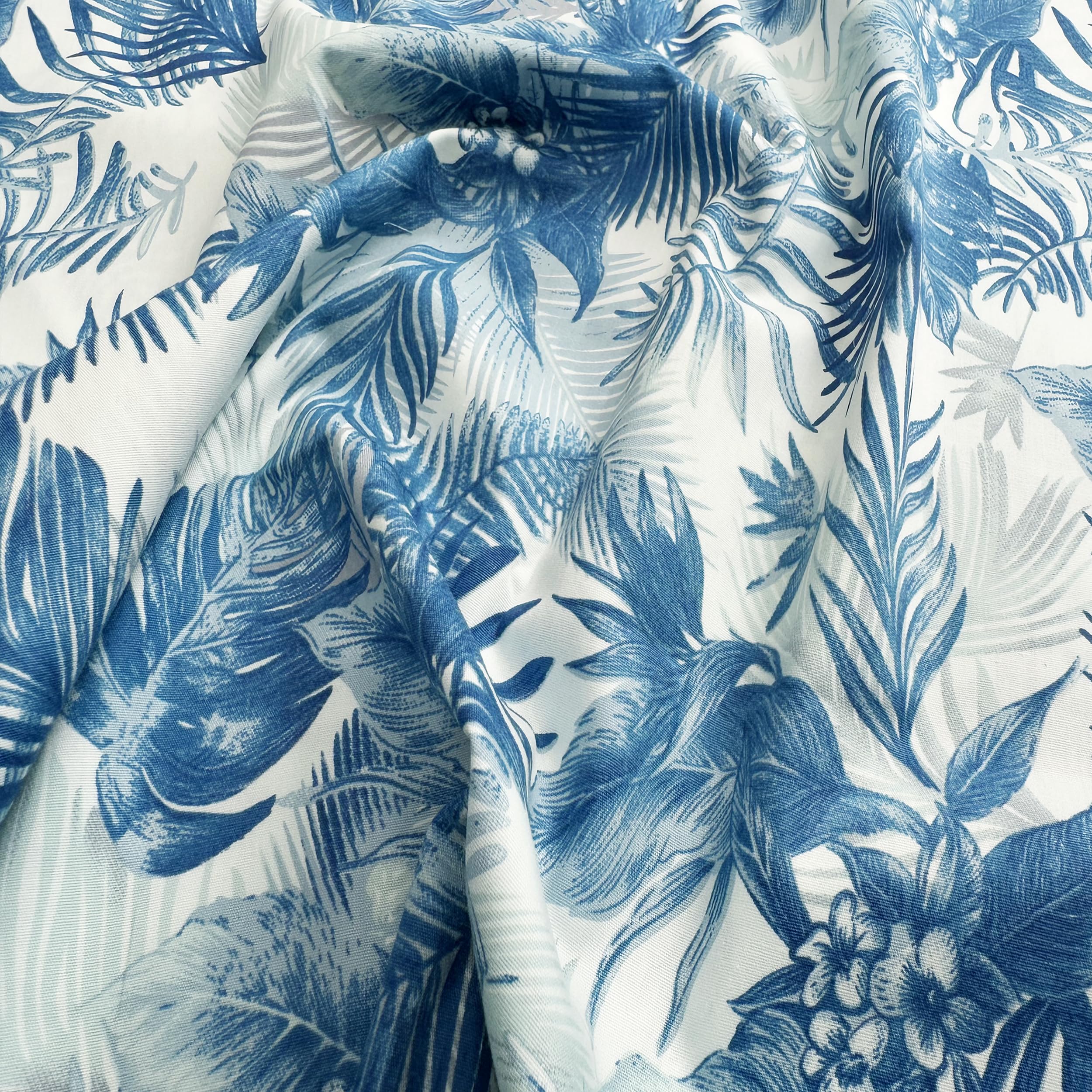 Glamour Secrets Blue Cotton Fabric - Tropical Palm Leaf On Ivory - Craft Dress Fabric Material