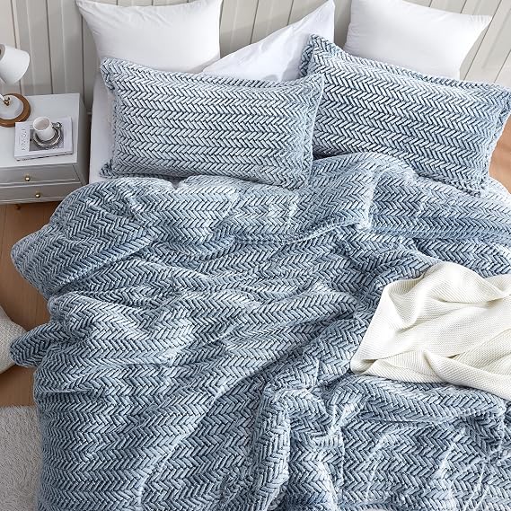Cozy Peaks Coma Inducer Queen Oversized Comforter Set, Chevron Frost Navy | Experience Coma Worthy Sleep with Soft Plush Extra Large Bedding