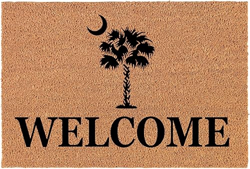 Felpudo de bienvenida, fibra de coco para puerta, regalo de bienvenida con árbol de palmera, Carolina del Sur (30 x 18 pulgadas)