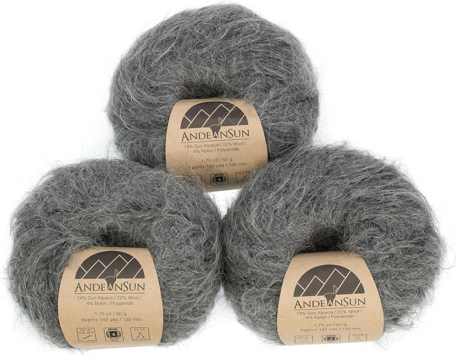 (Set of 3) Suri Alpaca Merino Wool Yarn, Aran, Afghan [426 Yards Total] Grey, #4 Worsted