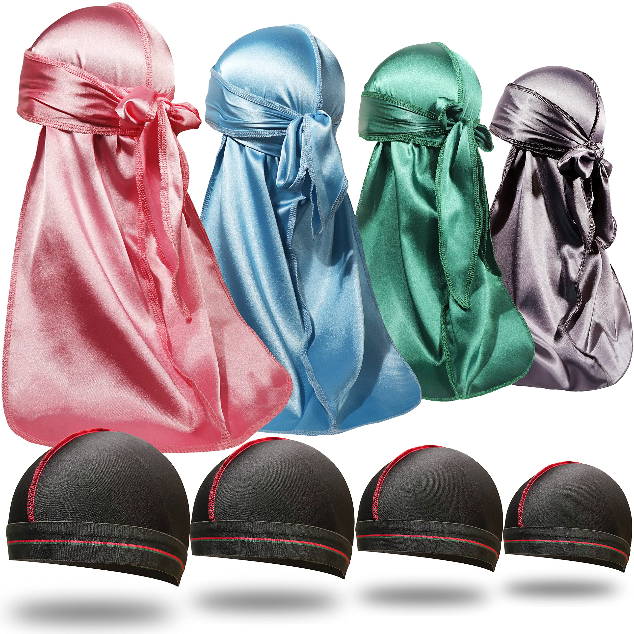 ForceWave8PCS Silky Durag Men Wave Cap Long Tail Do rag for 360 wave Dew Rag Packs