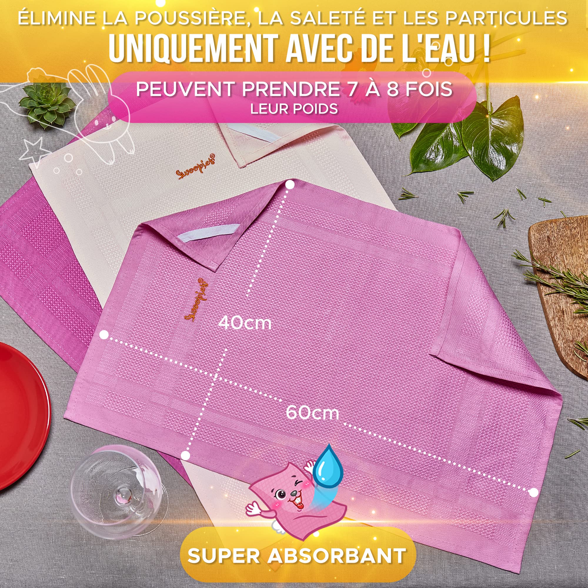 Chiffons Microfibres Swoopies – 40x40 Cm – Ultra-absorbants, Sans Peluches, Pour Vitres, Cuisine, Voiture – Lavables