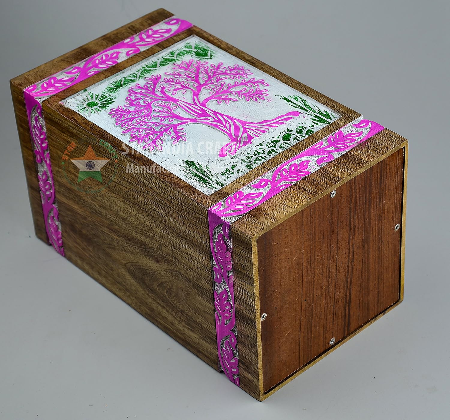 STAR INDIA CRAFT Rosewood Cremation Urn for Human Ashes, Wooden Funeral Urns Box for Pets, Burial Urn for Dogs,Cats (Pink on White, Keepsake - 100 Cu/in)