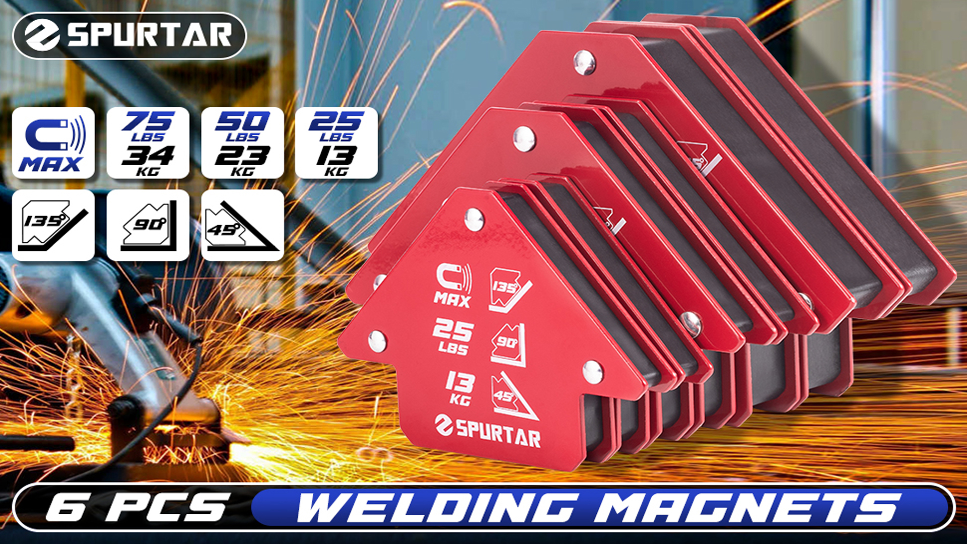 6pc Welding Magnet Positioners, 15/25lbs, Various Angles For Welding
