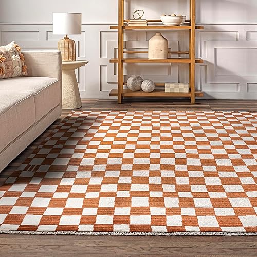 Miniatura 9 de nuLOOM Dominique - Alfombra abstracta con flecos a cuadros, 6 pies 7 pulgadas x 10 pies 2 pulgadas, naranja