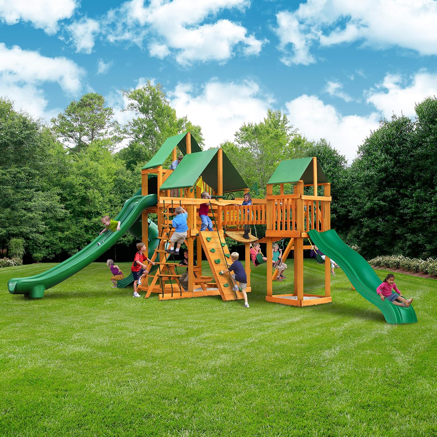 Gorilla Playsets 01-1034-AP-1 Treasure Trove II Wood Swing Set with Green Vinyl Canopy, Clatter Bridge, and 3 Slides, Amber : Toys & Games