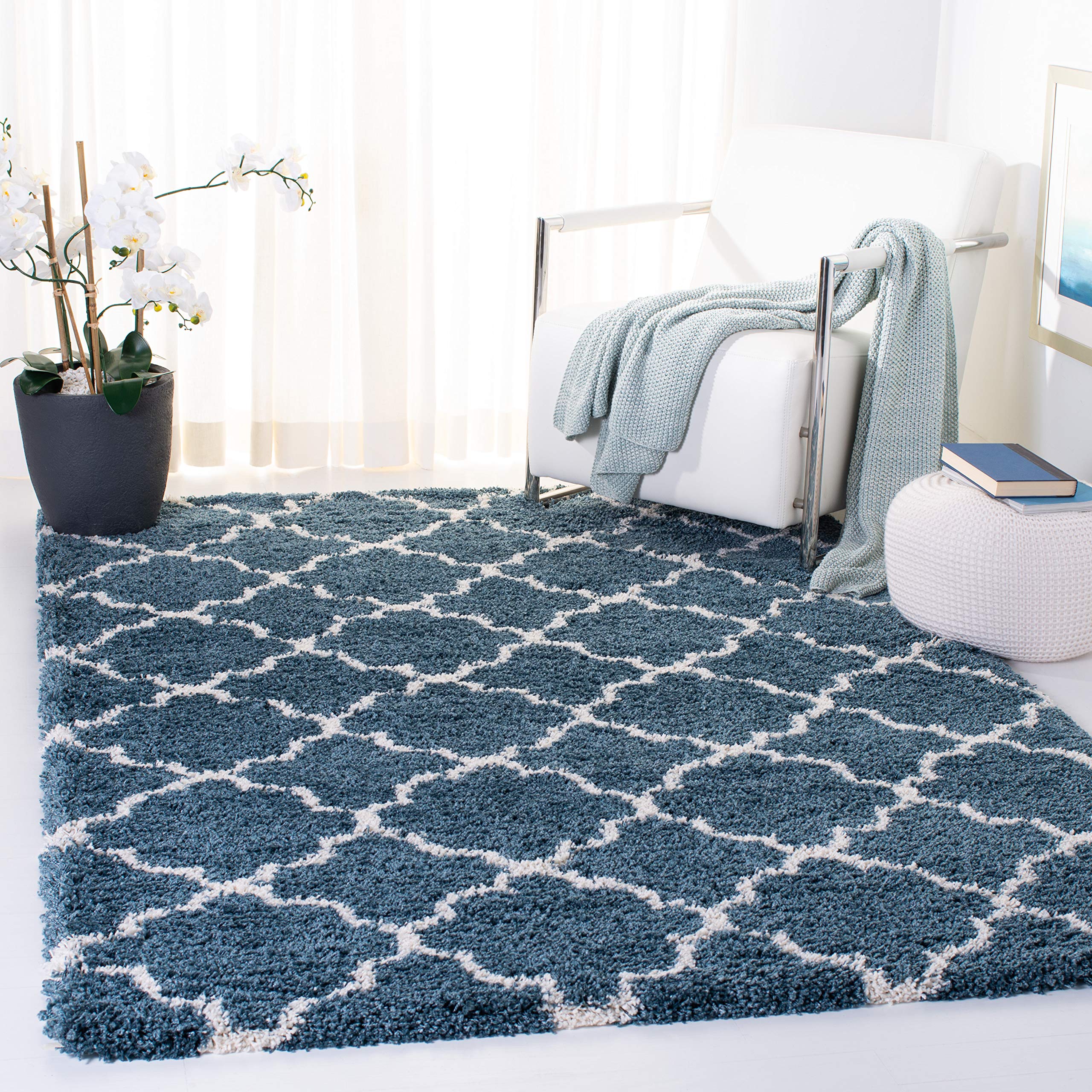 Safavieh Shaggy Indoor Woven Rectangle Area Rug, Hudson Shag Collection, SGH282, in Slate Blue / Ivory, 122 X 183 cm for Living Room, Bedroom or Any Indoor Space