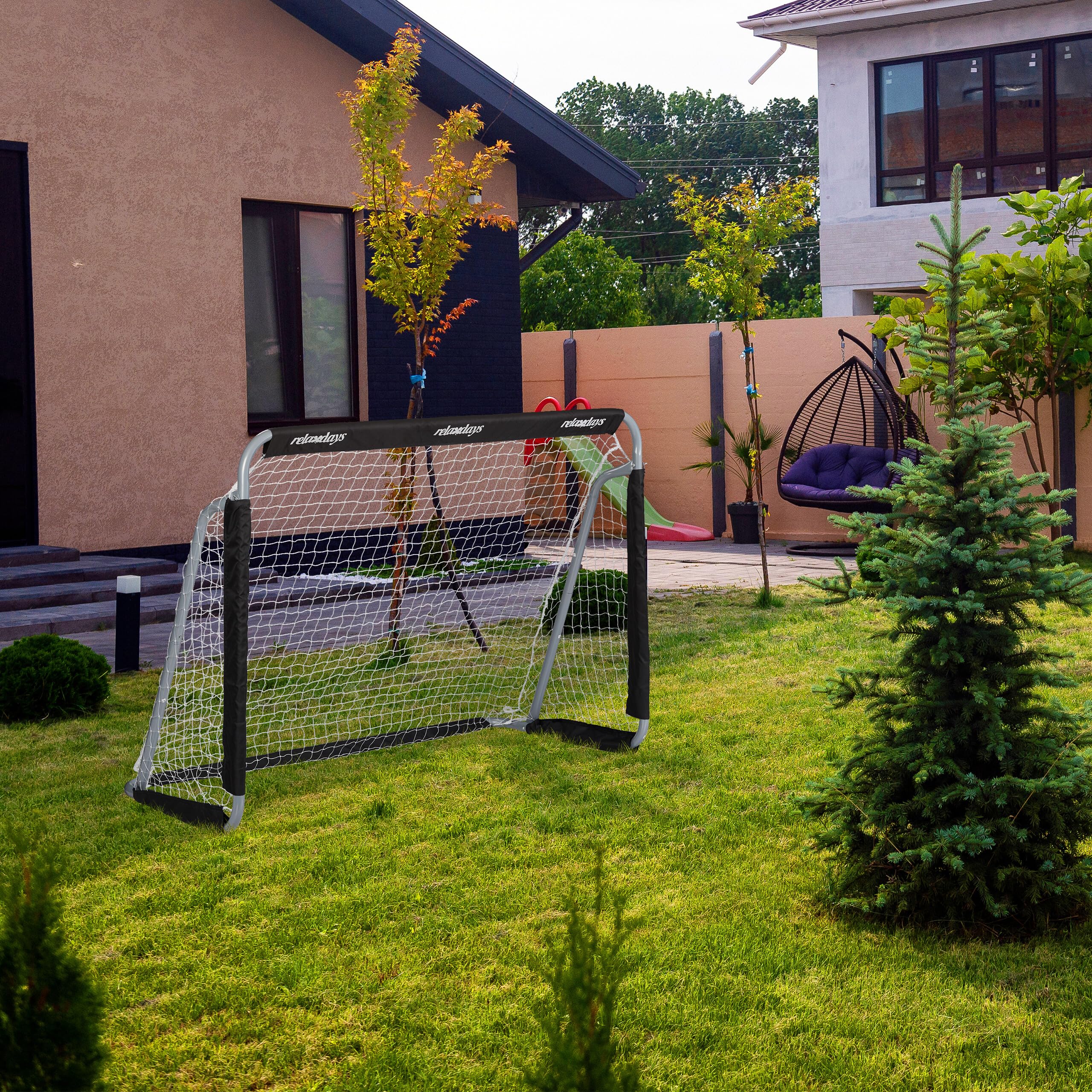 Relaxdays But de football 110x150x75cm gris/noir avec filet pour jardin